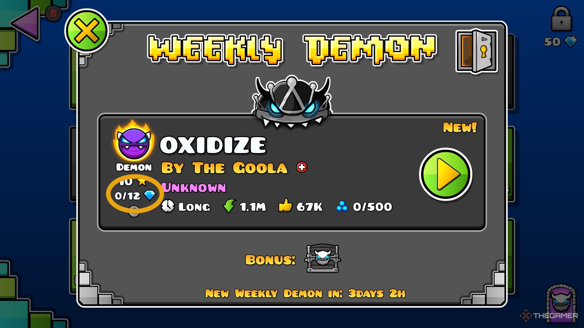 Ein Screenshot von Geometry Dash zeigt den Weekly Demon mit den verfügbaren Diamanten, die durch den Fortschritt verdient werden (siehe unten links).