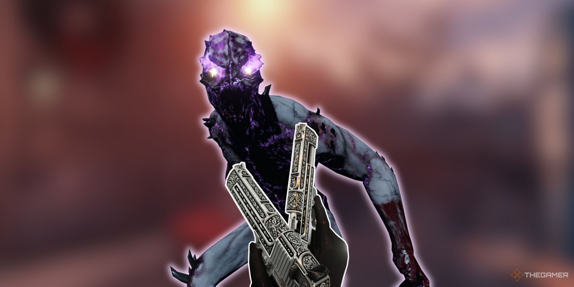 A blurred, reddish background with a scary, purple-eyed creature with grey skin, and two ornate silver pistols overlayed on top from the first person perspective.