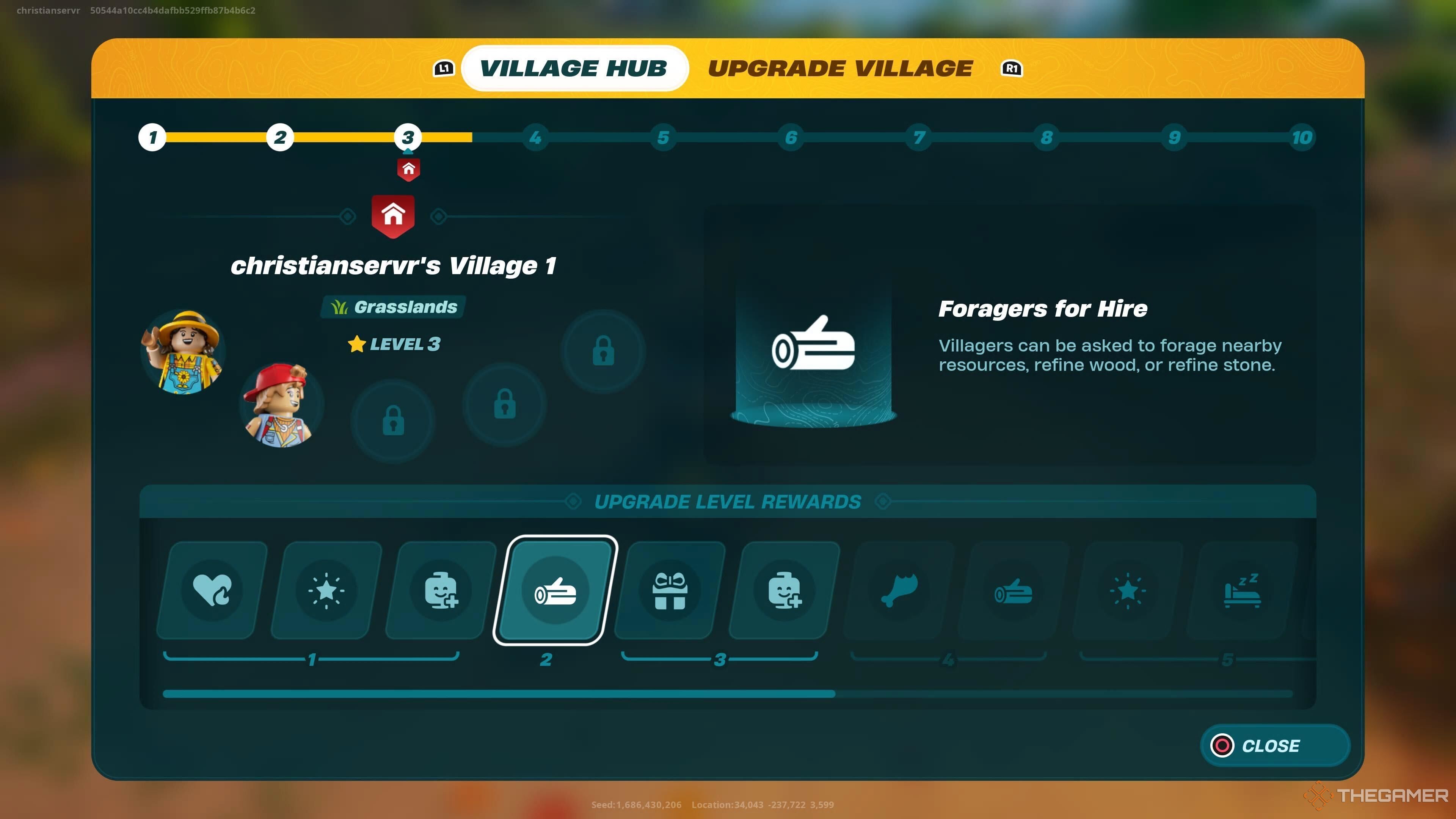 A screenshot from Lego Fortnite showing the village center menu with the Forager Job unlockable highlighted. It allows the player to ask villagers to collect wood and other local resources 