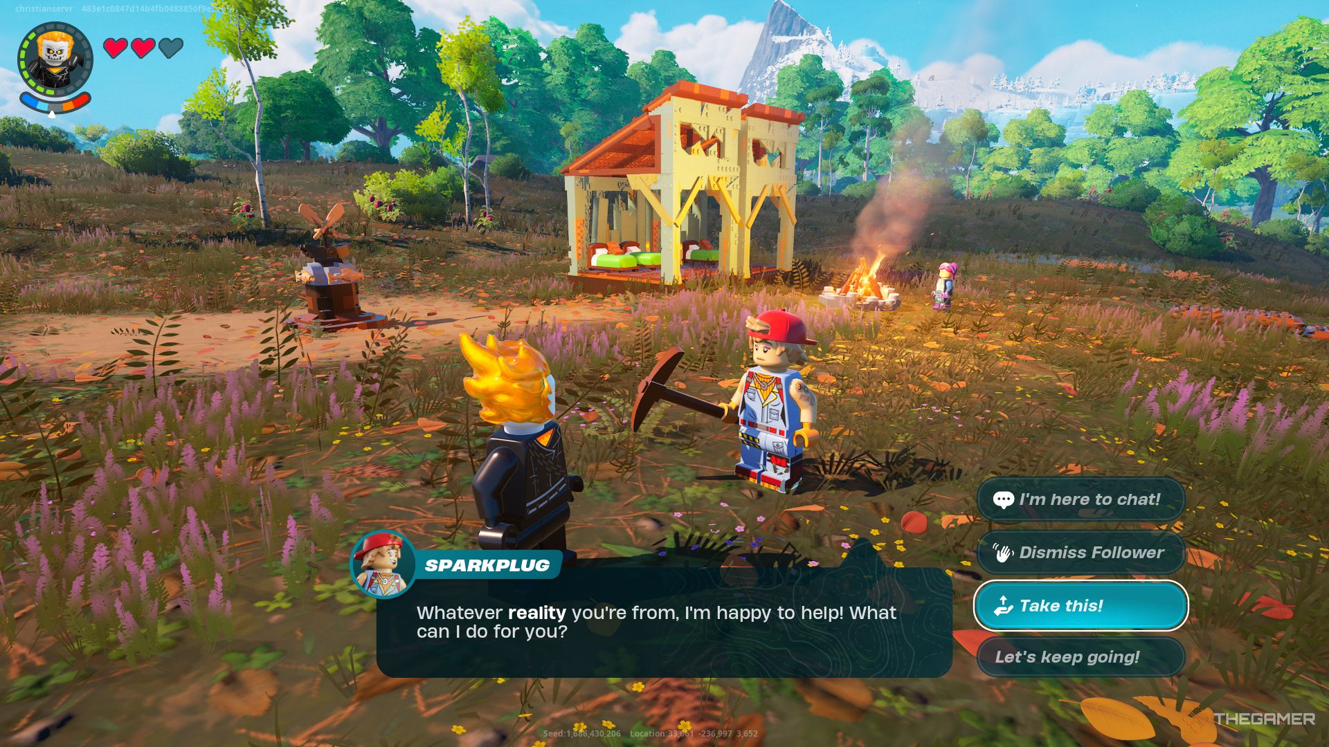 A screenshot from Lego Fortnite showing a figure of Ghost Rider talking to Sparkplug, with the option to give them a tool highlighted.
