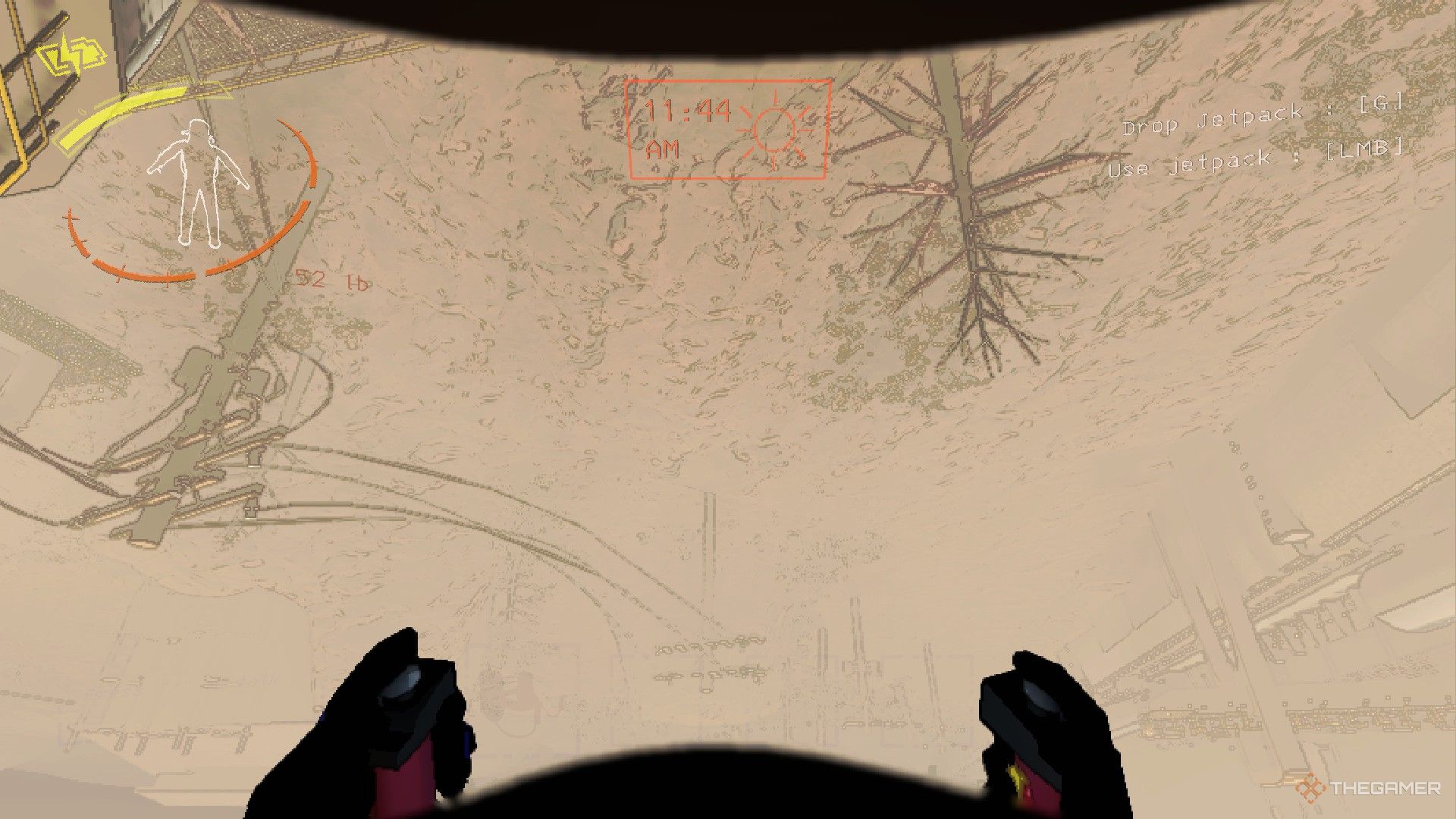 A screenshot from Lethal Company showing the first-person perspective of a player using a jetpack, leaning so forward their head is almost pointing at the ground