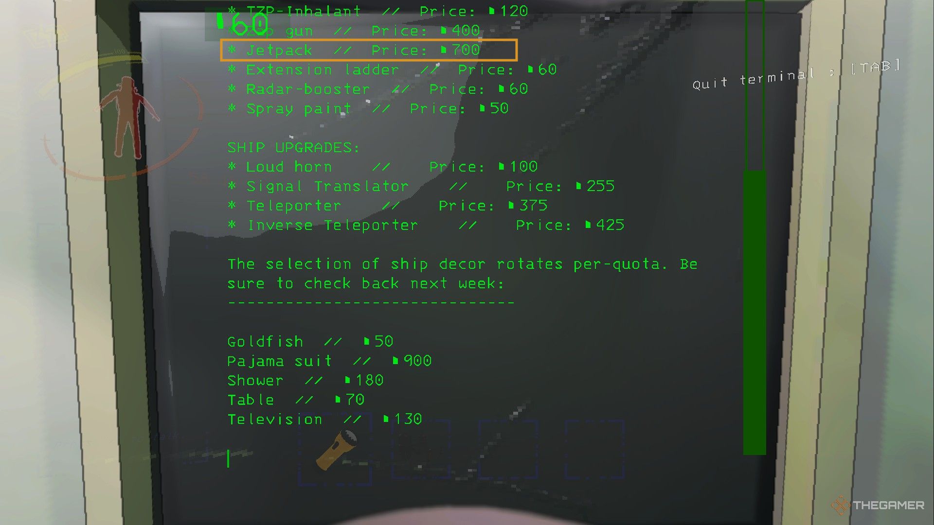 A screenshot from Lethal Company showing the terminal's Store, with the Jetpack listing highlighted and purchasable for 700 in-game credits