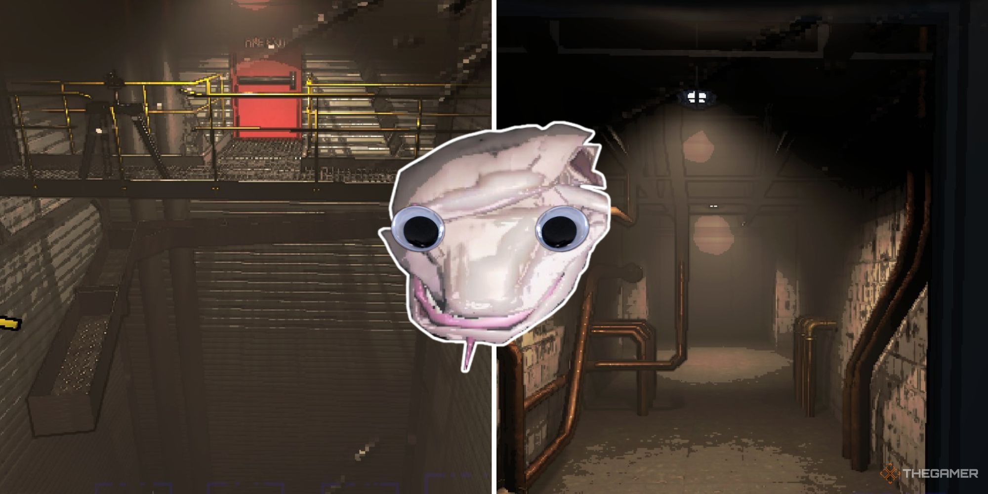 A Thumper head with googly eyes overlayed over a split image of a deadly gap between two railings, and a long, dimly lit corridor.