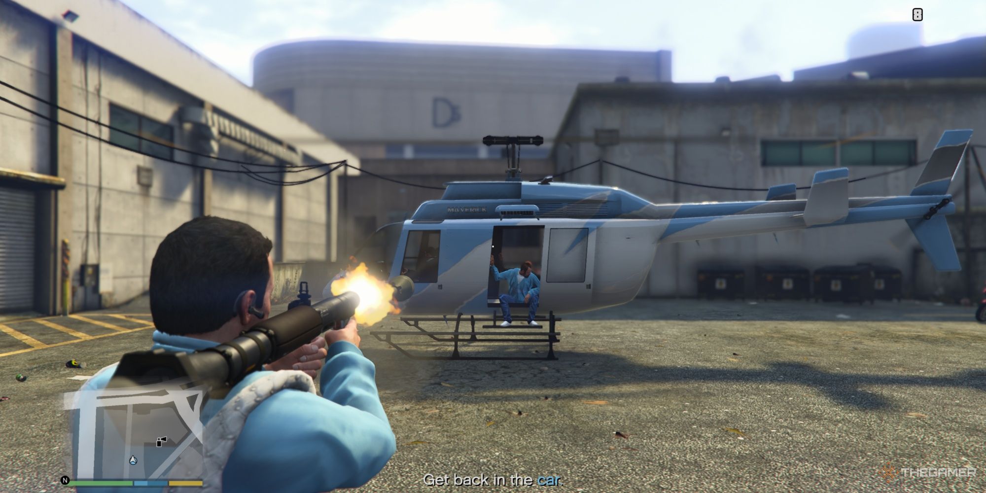 Michael shooting a rocket at an Epsilon helicopter in GTA5