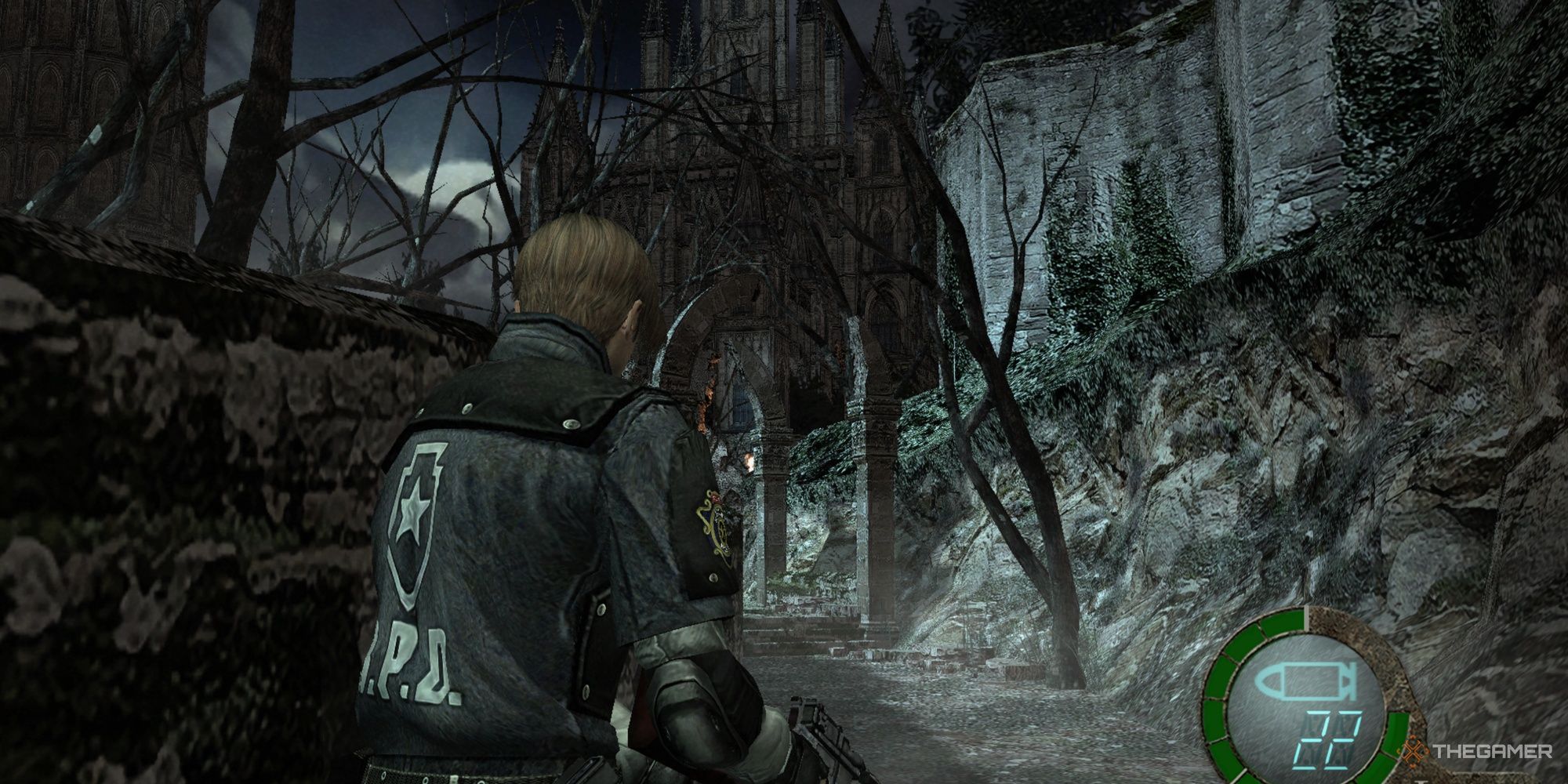 Outside a castle in Chapter 4-3 in classic Resident Evil 4