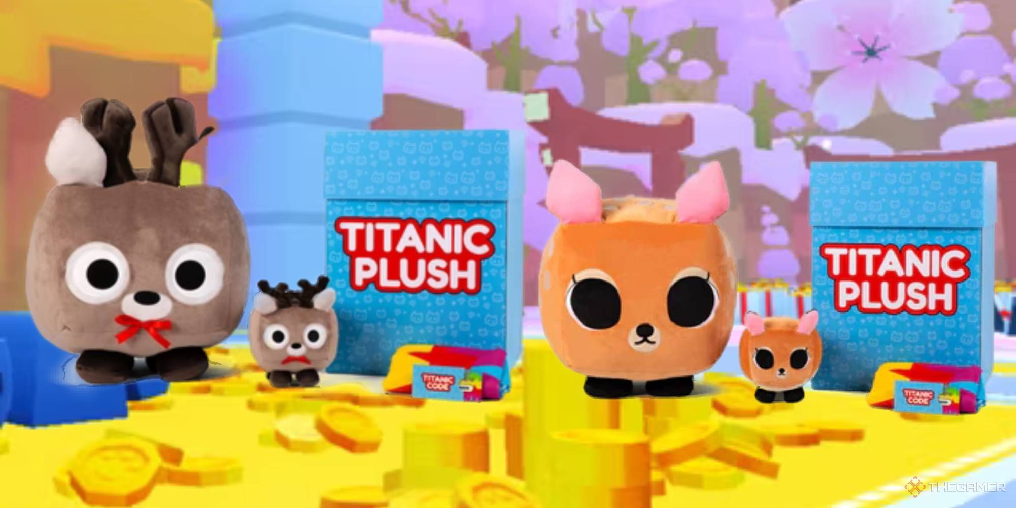 The Titanic Reindeer and Titanic Fawn plushes for Pet Simulator 99, against a backdrop of coin piles in-game