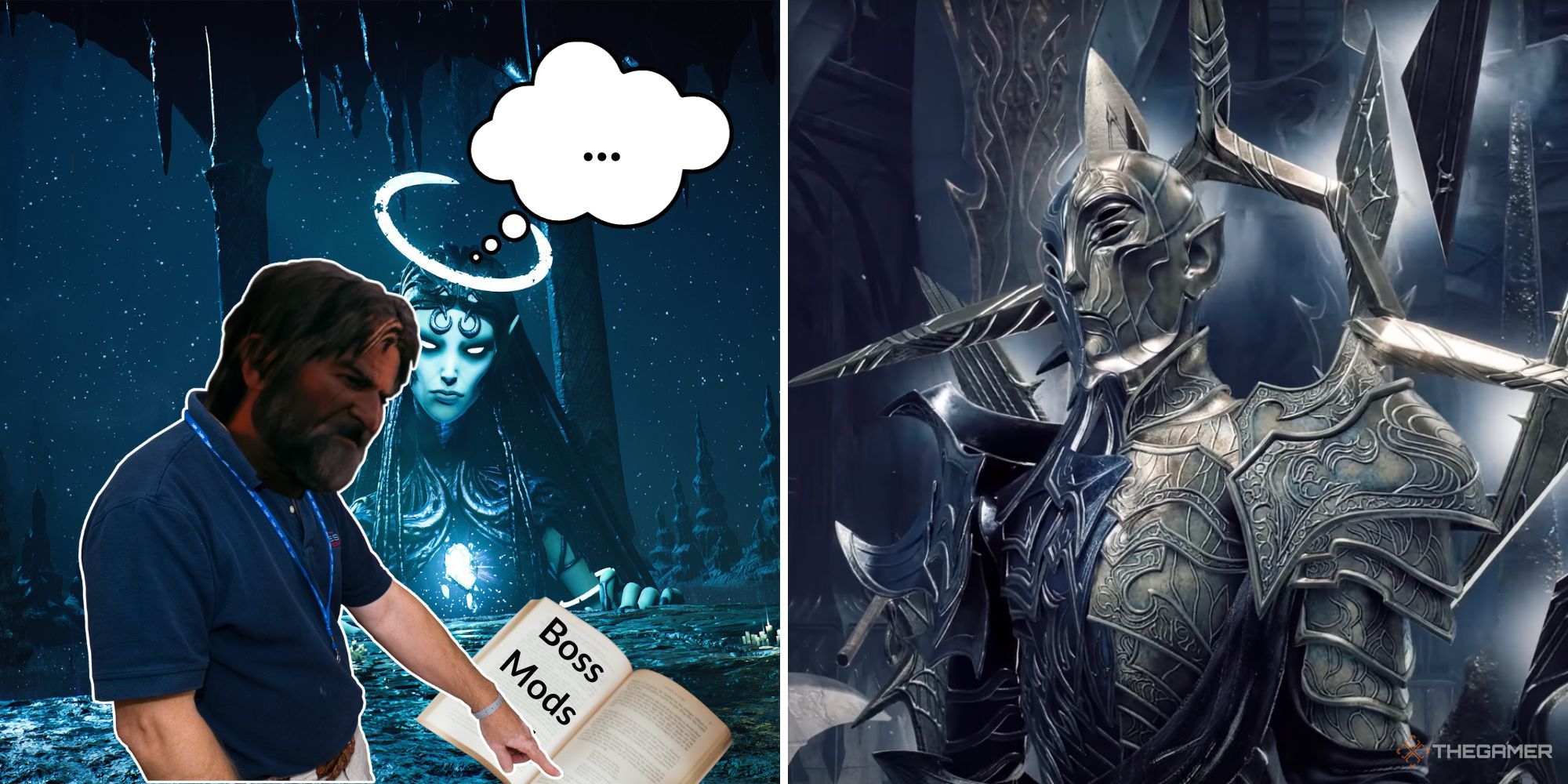 A split image of an NPC's head cropped on top of a human body pointing to a book with the Blue Goddess in the backround, and a part of Faerin's boss cutscene in their shiny metal armor.