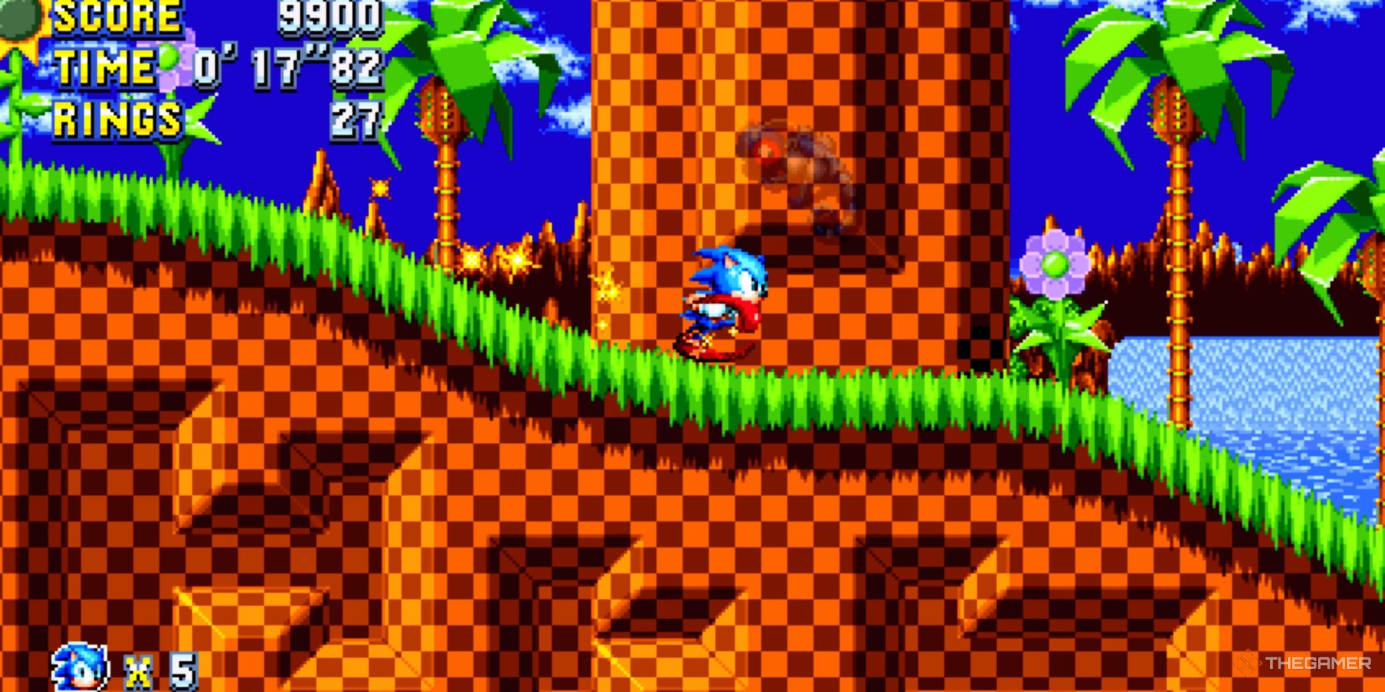 Sonic running along in the first level of Sonic Mania