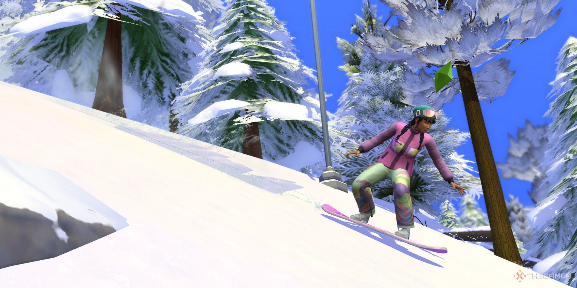 the sims 4 snowboarding a female sim on mt. komorebi's expert slope snowy escape snowboarding skill