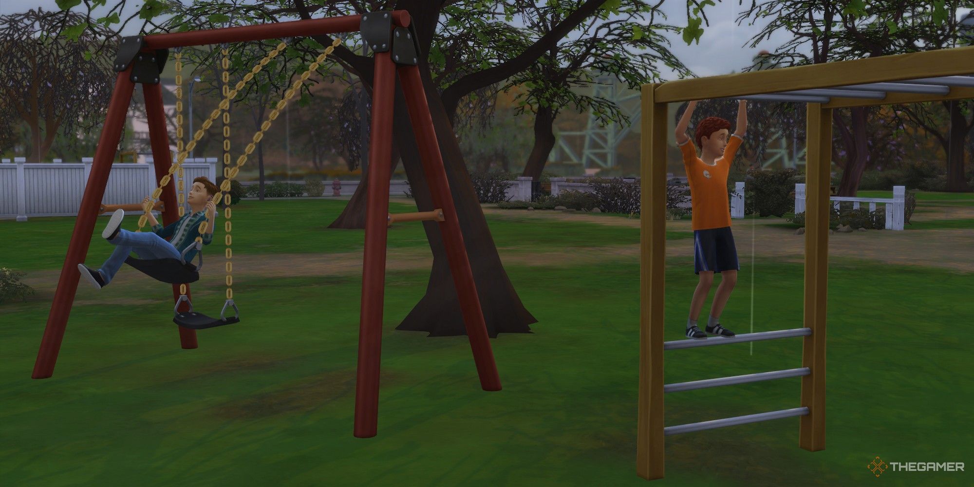 two child sims playing on playground equipment outside the sims 4 motor skill children skills