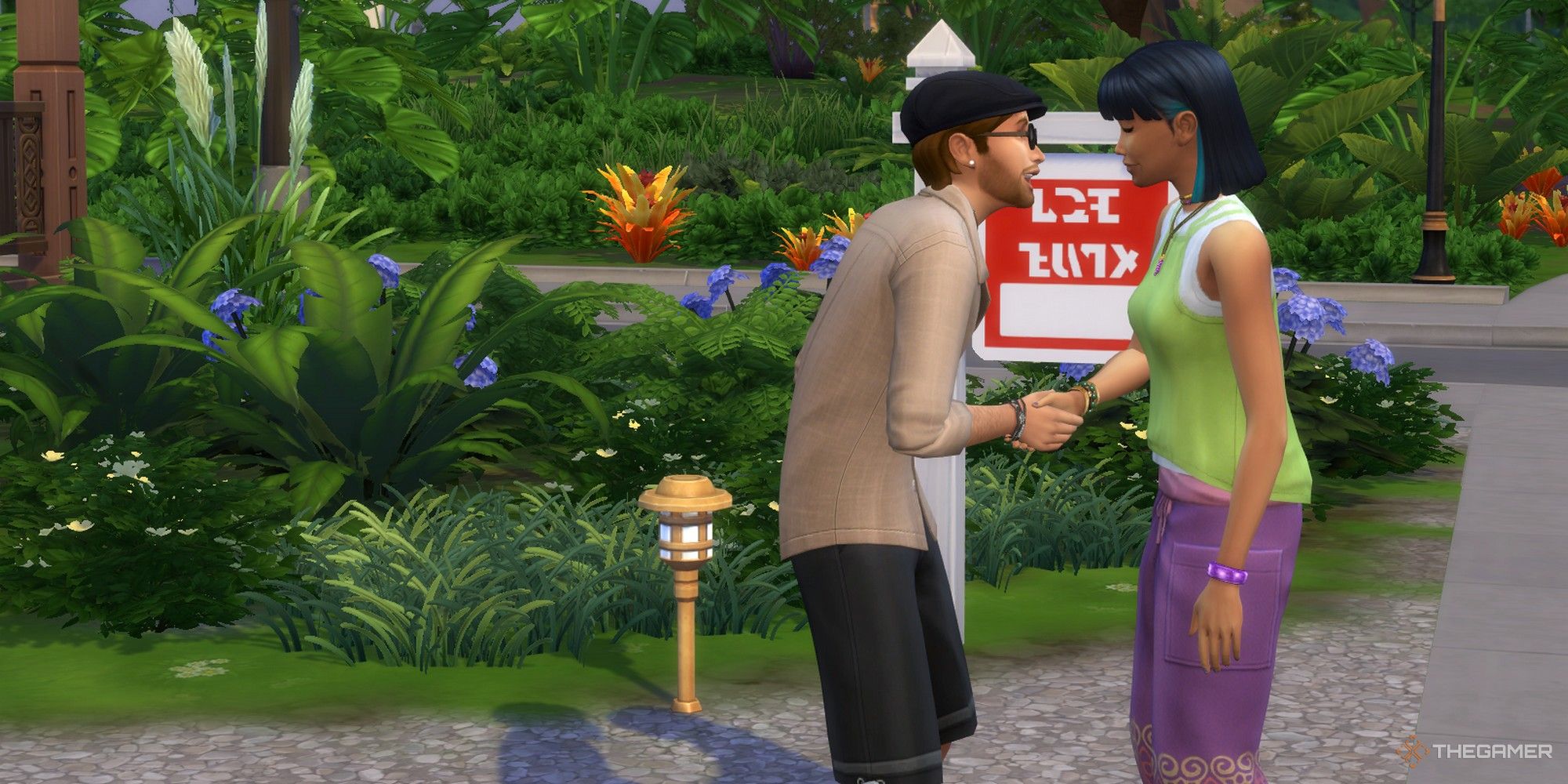 Zwei Sims geben sich vor einer Mieteinheit die Hand. Der Sims 4-Vermieter findet, dass ein Mieter eine freie Stelle besetzt
