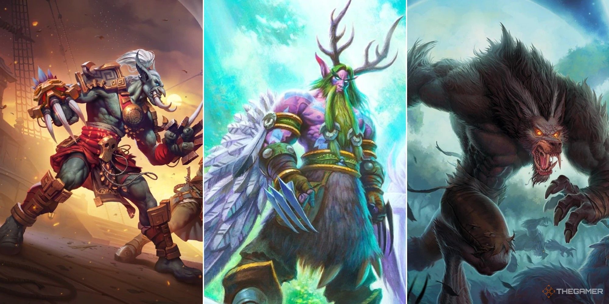 World of Warcraft collage showing a Zandalari Troll, Malfurion the Night Elf, and a Worgen pack.
