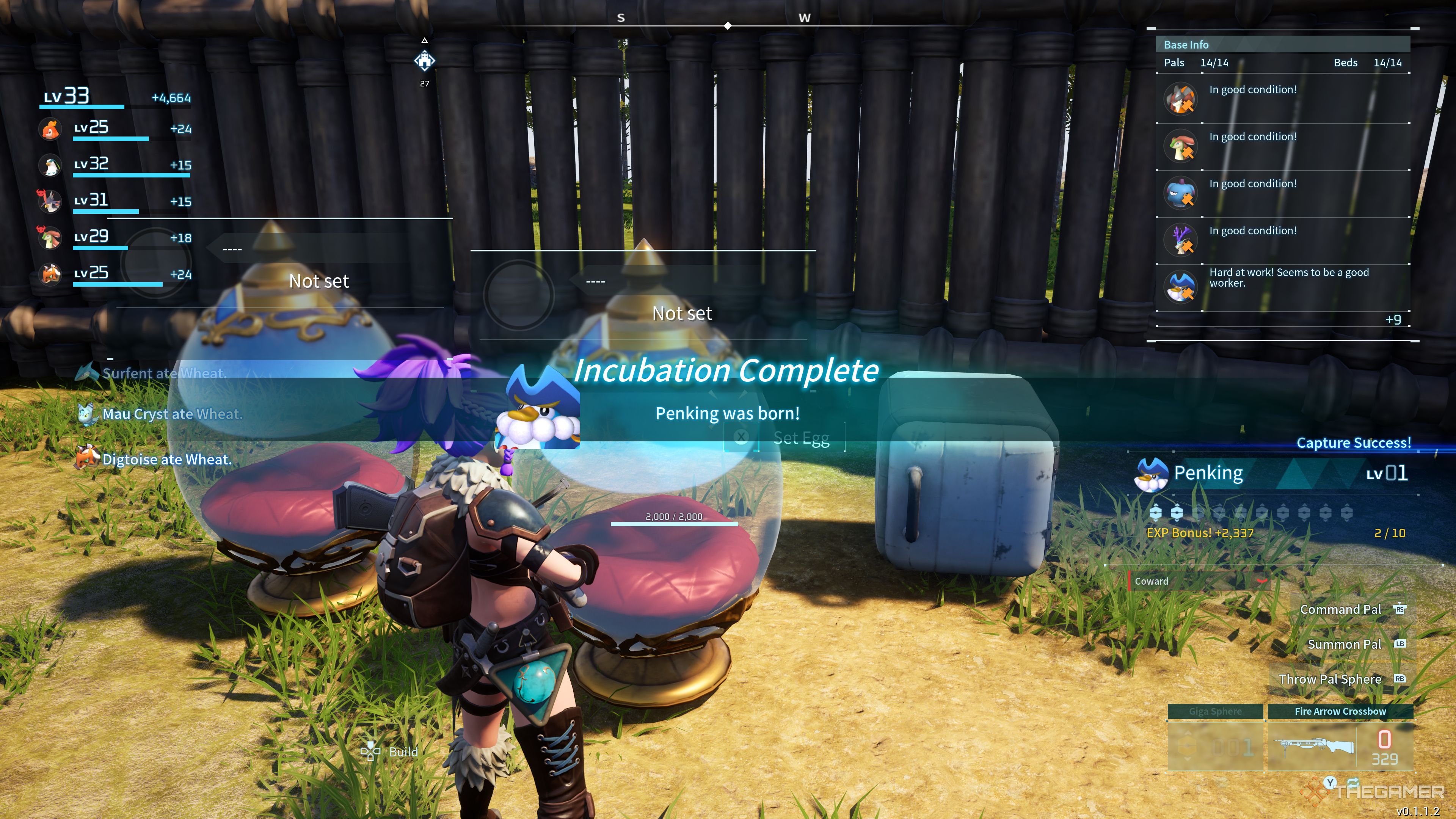 Palworld: receiving Penking after incubating a large damp egg