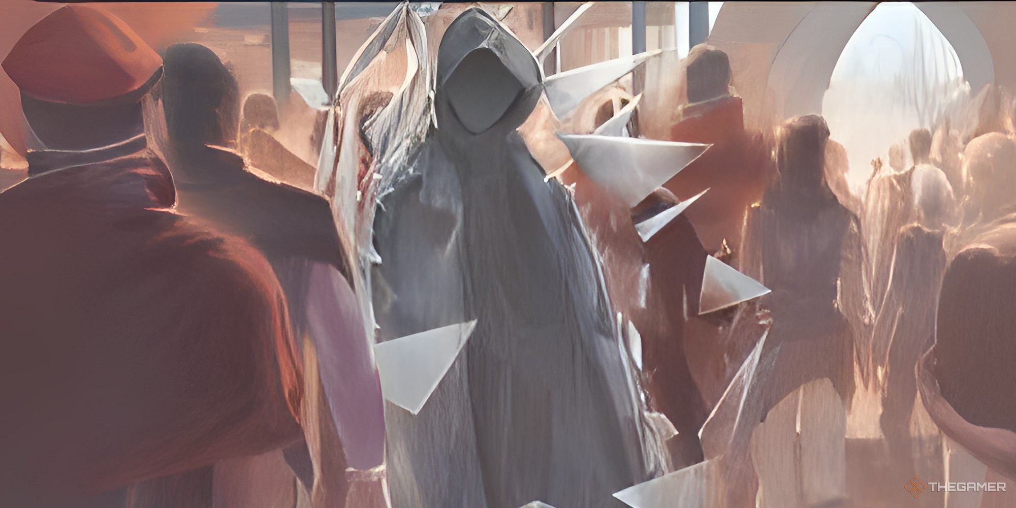 A mysterious hooded figure on a crowded street.