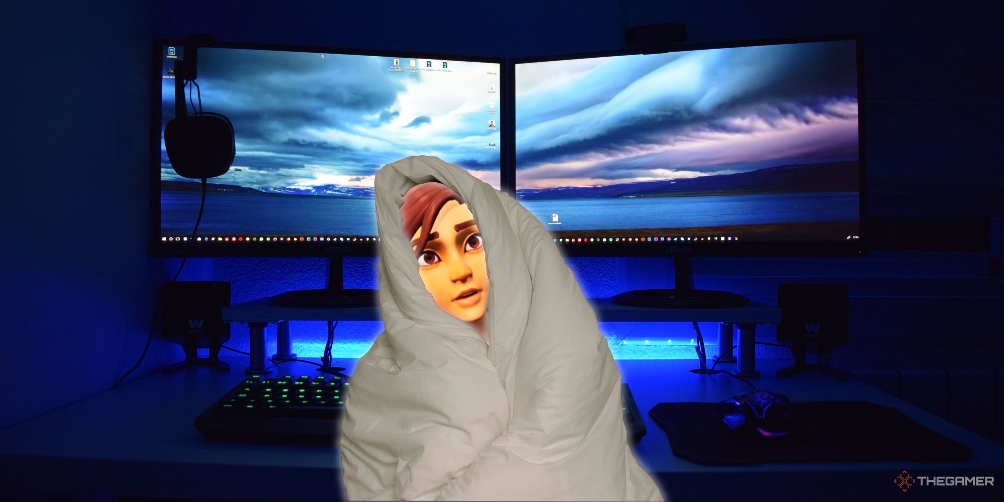 An animated woman with brownish hair wrapped in a white blanket, with two computer monitors in the background.