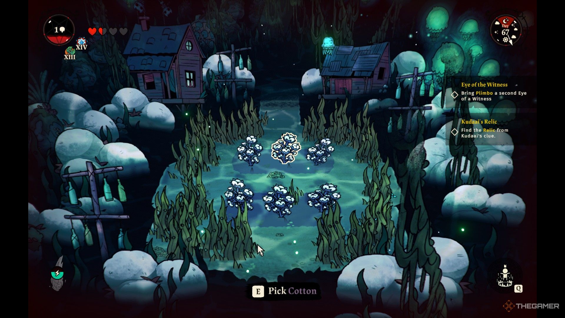Ein Screenshot von Cult of the Lamb, der zwei Reihen mit drei Baumwollpflanzen im Anchordeep-Biom zeigt