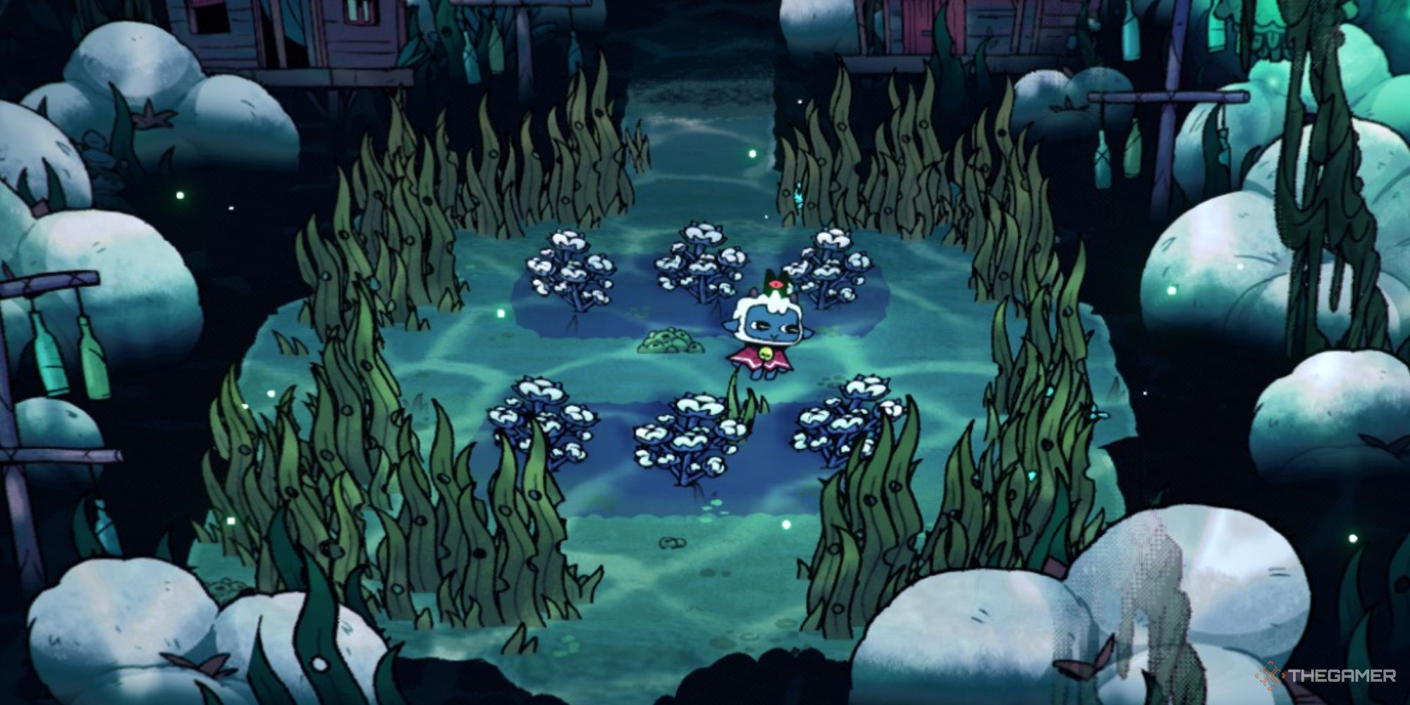 A screenshot from Cult of the Lamb showing two rows of Cotton plants in an underwater biome