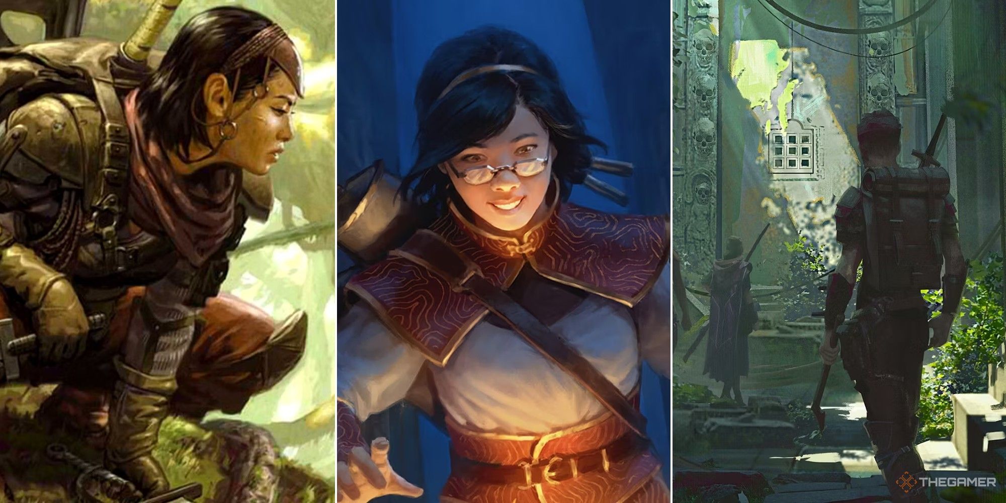Dungeons & Dragons-Collage, die einen Waldläufer, eine Frau, die eine Schriftrolle betrachtet, und eine Gruppe, die Ruinen erkundet, zeigt