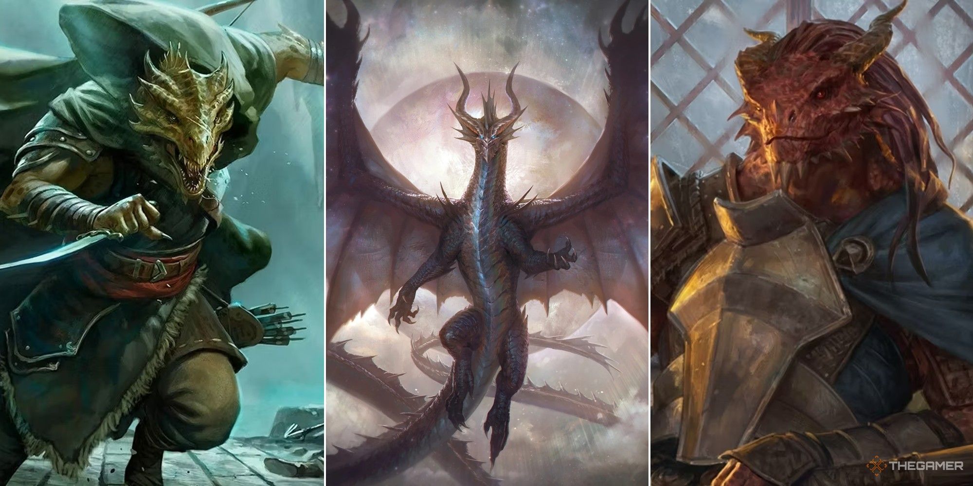 Dungeons & Dragons collage showing a rogue Dragonborn, Io the dragon god, and a warrior Dragonborn