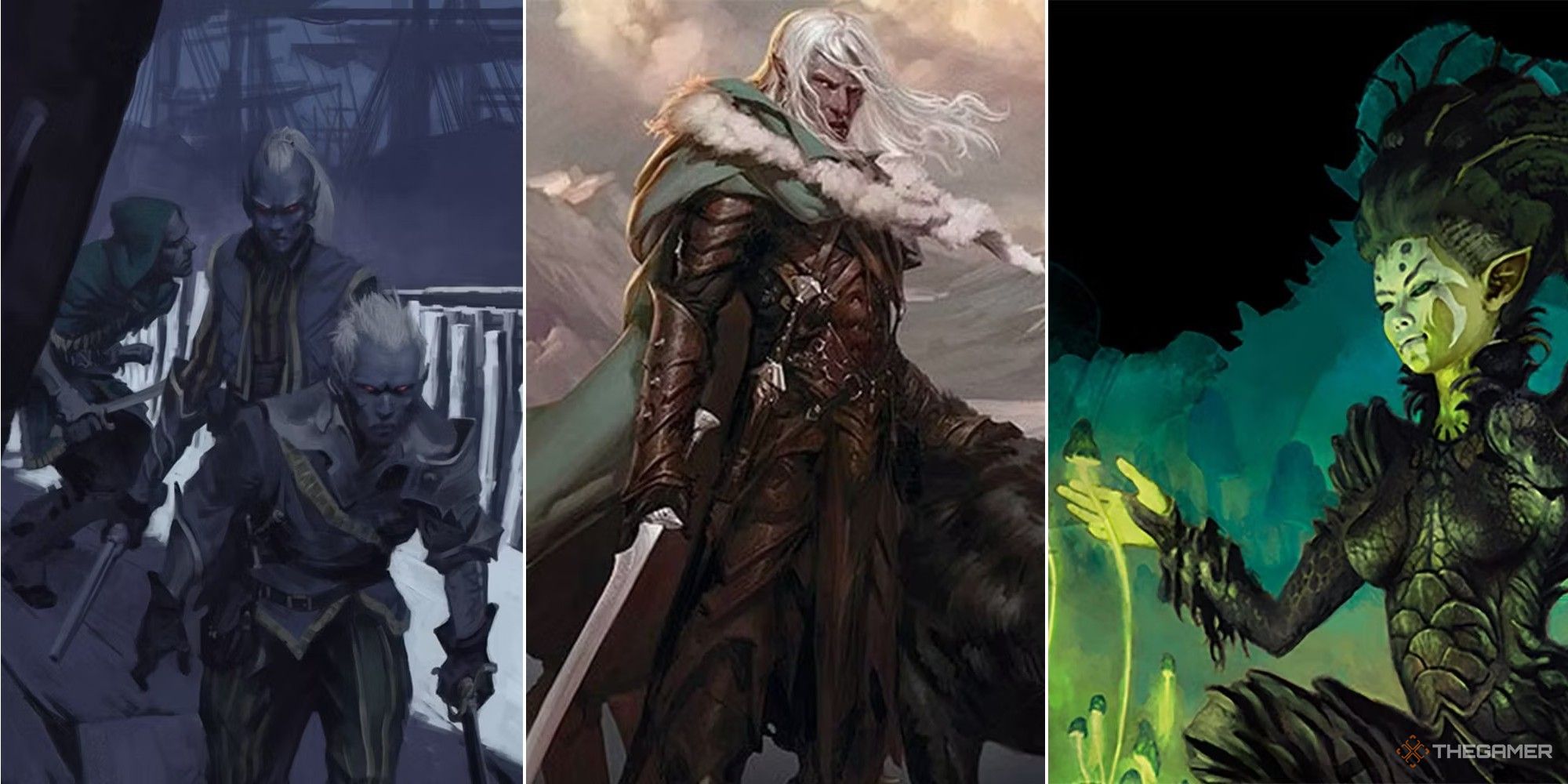 Dungeons & Dragons collage showing three drow rogues, famous hero drizzt, and an adventurer in the underdark