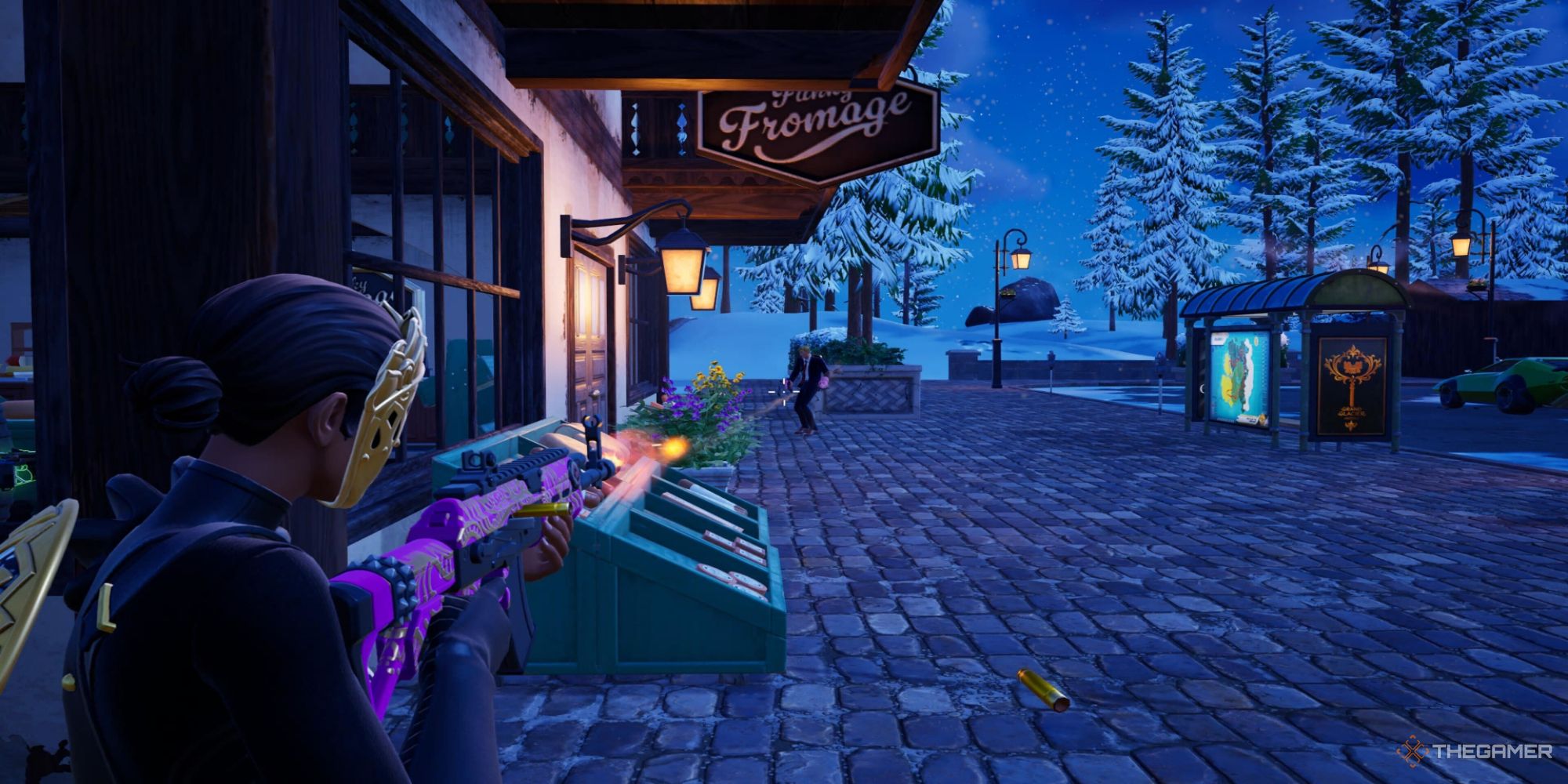 A screenshot from Fortnite's Battle Royale mode, showing the player character as Nisha aiming down the weapons sites and shooting at another player in front of a market