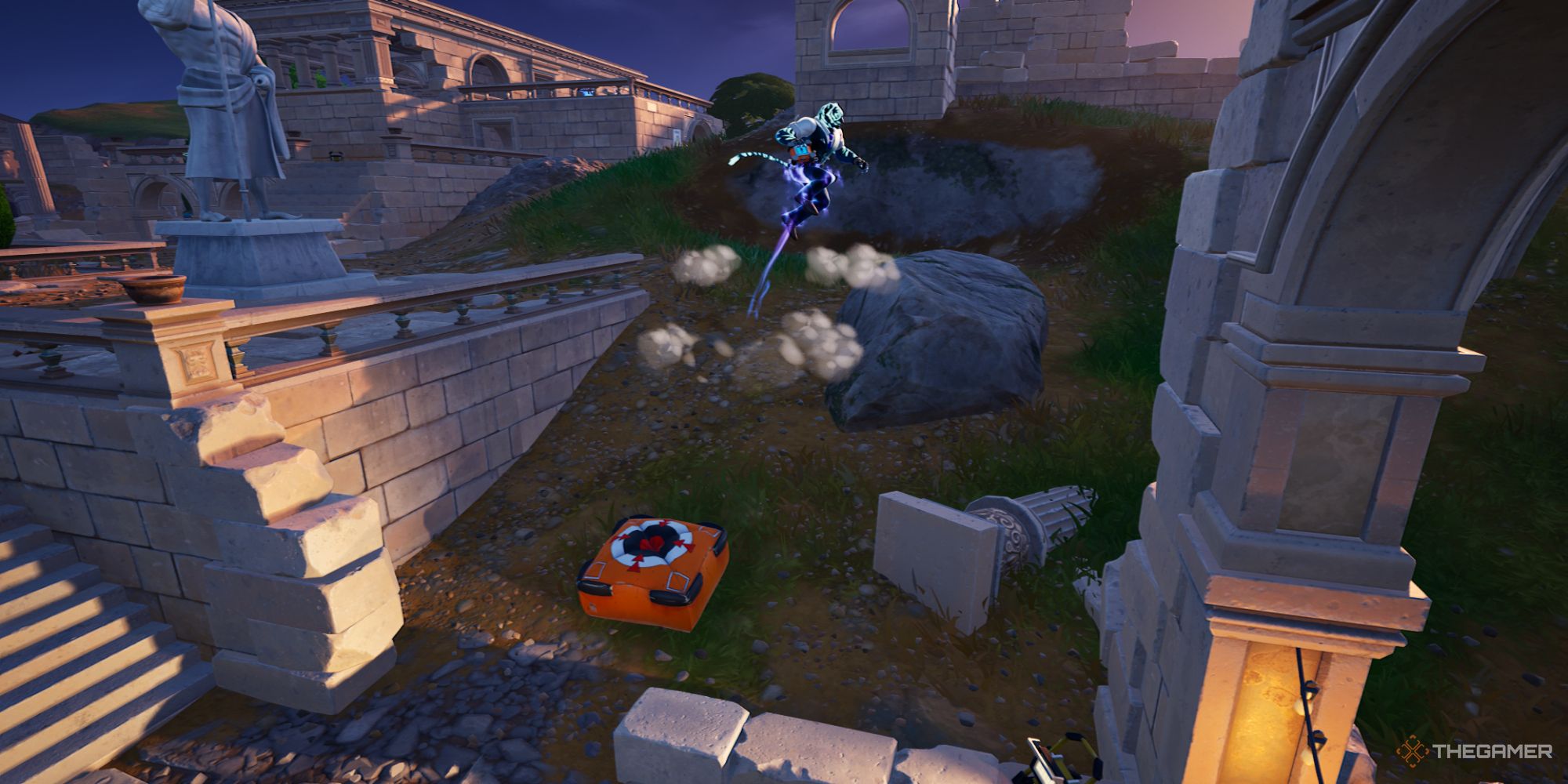 A screenshot from Fortnite Chapter Five showing the player chracter as a tiger in a suit using the Crash Pad Jr.