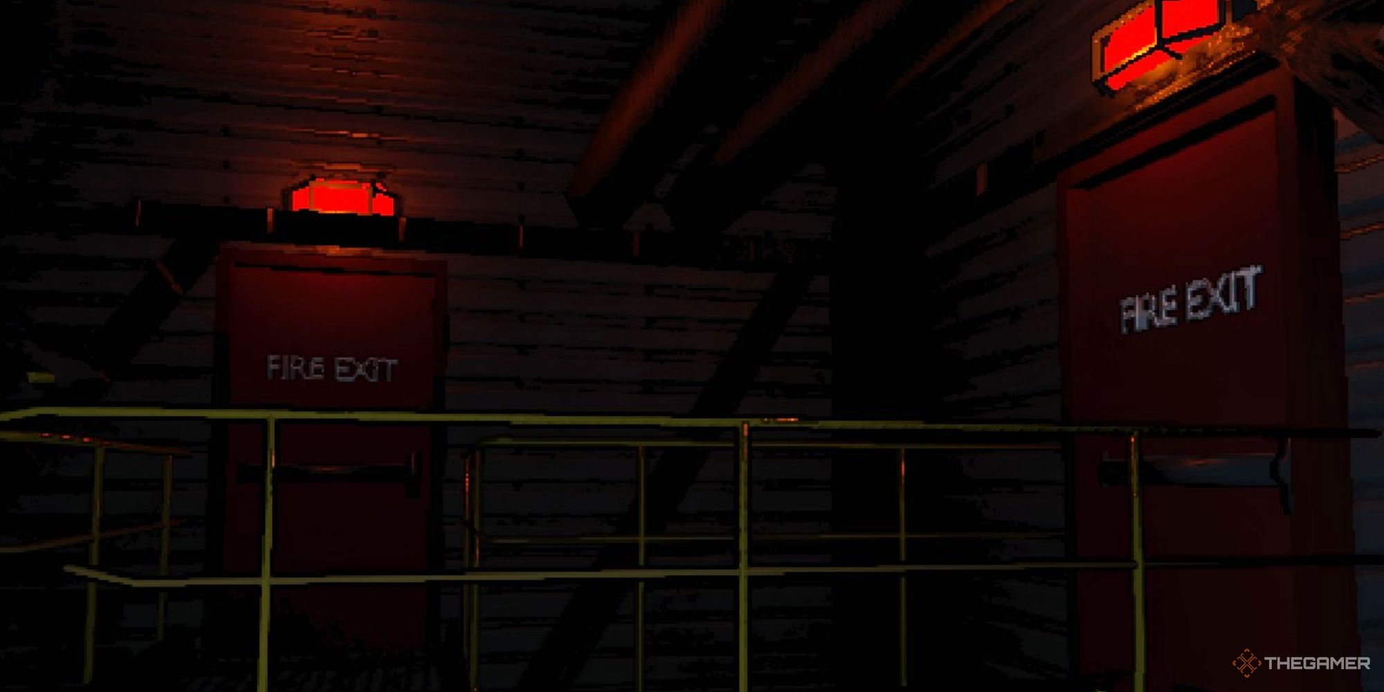 A screenshot from Lethal Company Showing two red fire exit doors right next to each other on Experimentation, which only has one exit