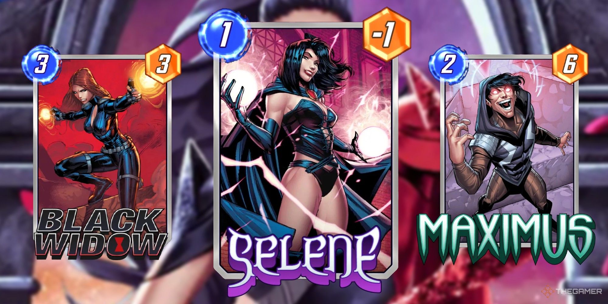 Marvel Snap Cards Black Widow, Selene and Maximus