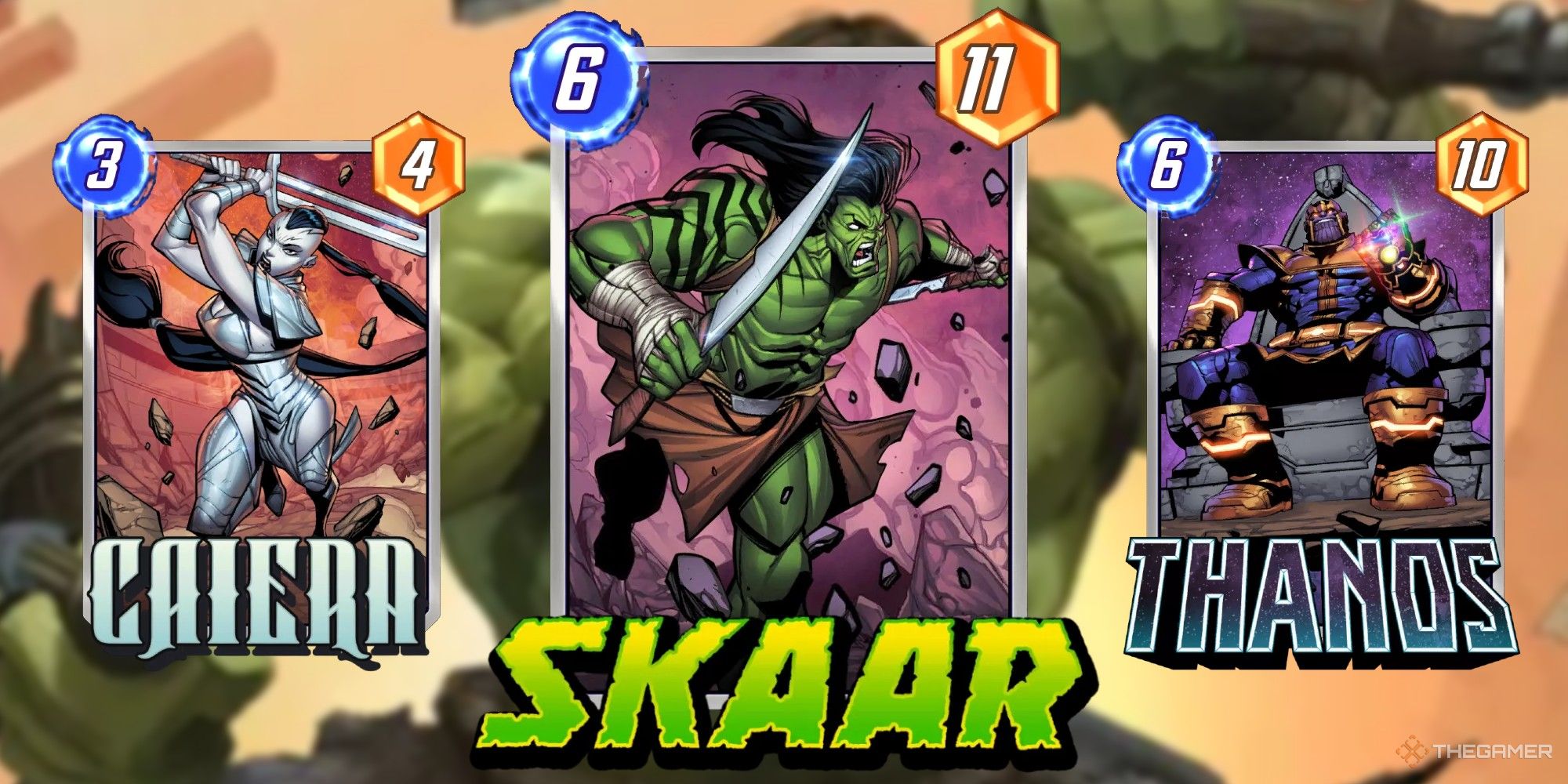 Collage of Marvel Snap Cards Caiera, Skaar and Thanos