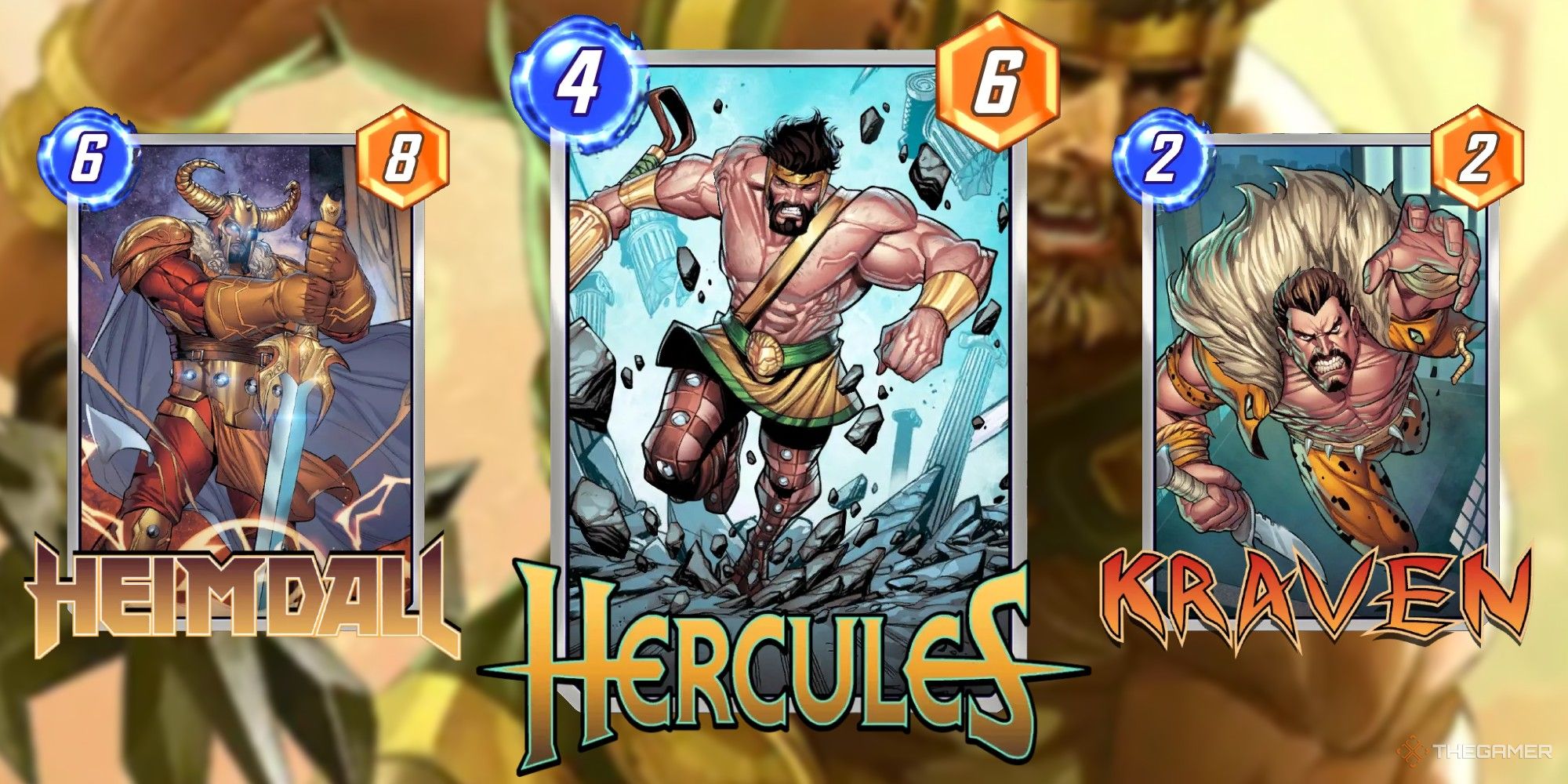 Marvel Snap Cards Heimdall, Hercules und Kraven