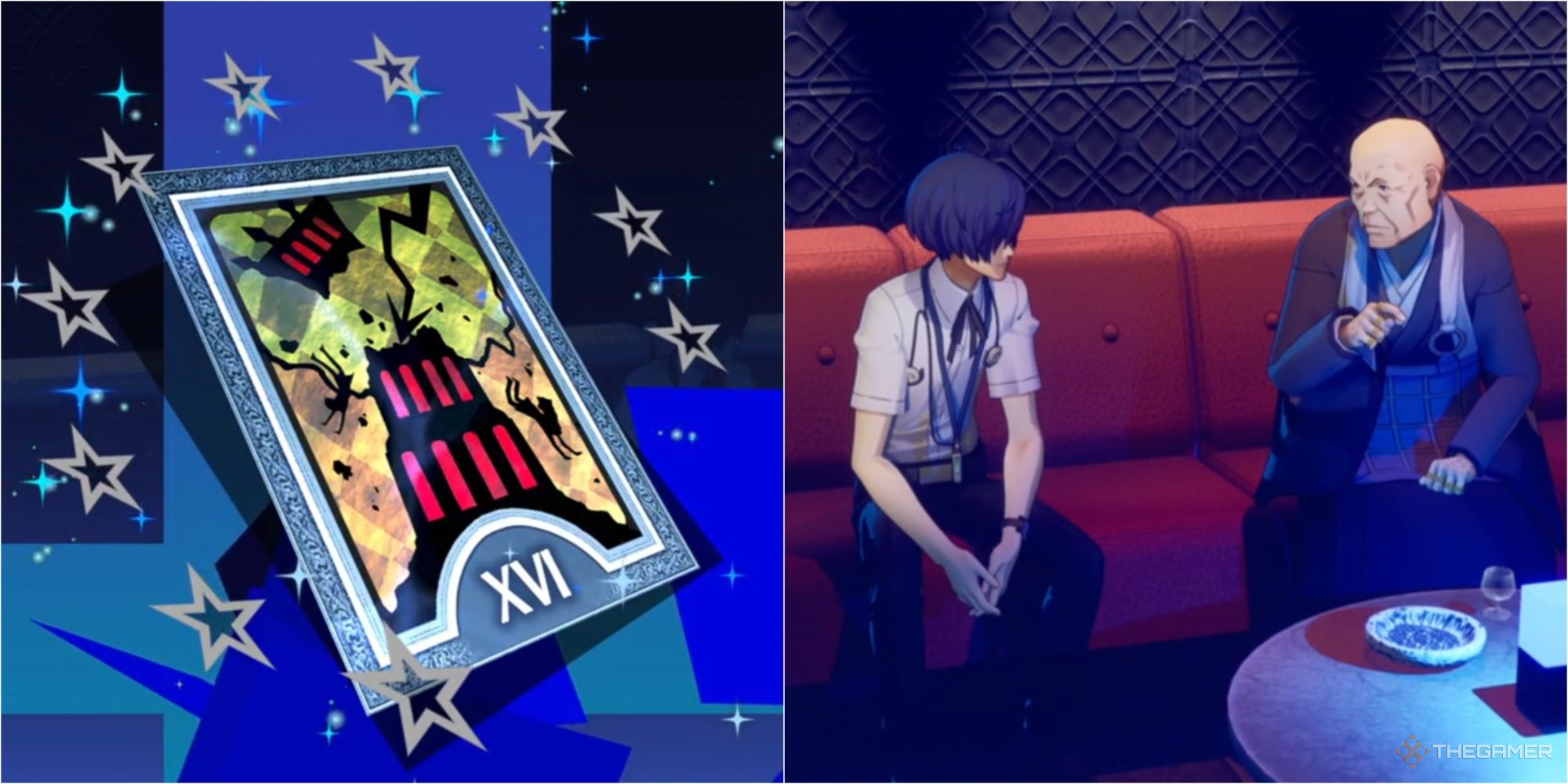 the tower social link tarot card and the protagonist with mutatsu at club escapade persona 3 reload p3r