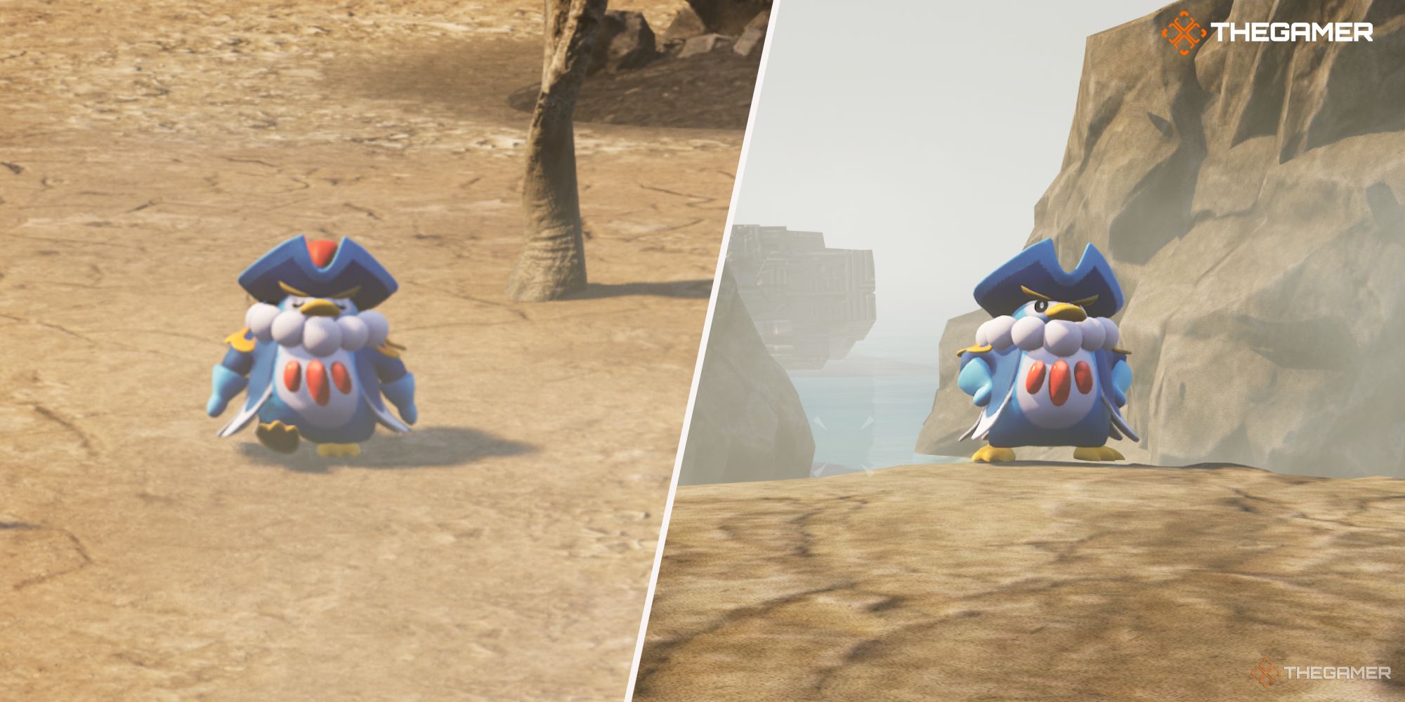 Split image of Penking in the wild in Palworld
