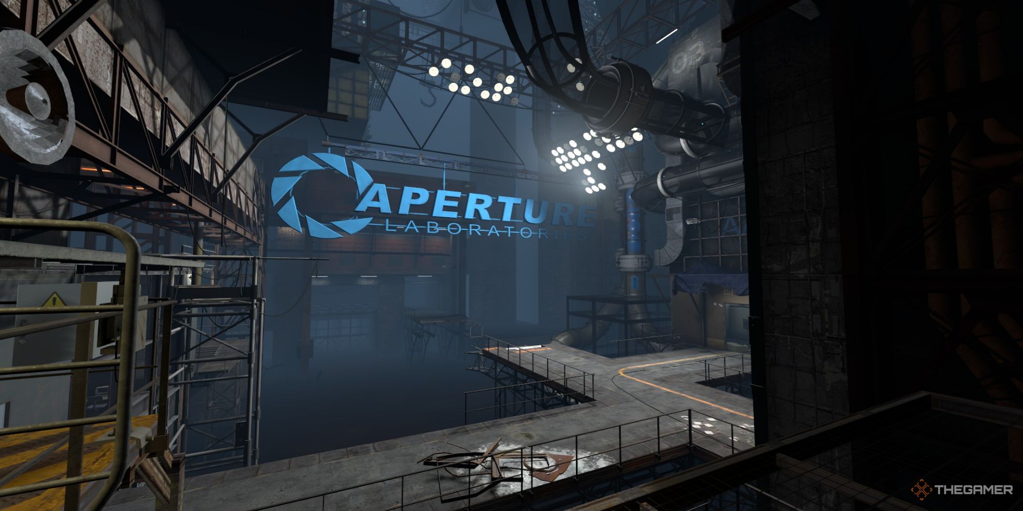 A screenshot from Portal Revolution showing a large room with the Aperture Laboratory logo hanging in the distance