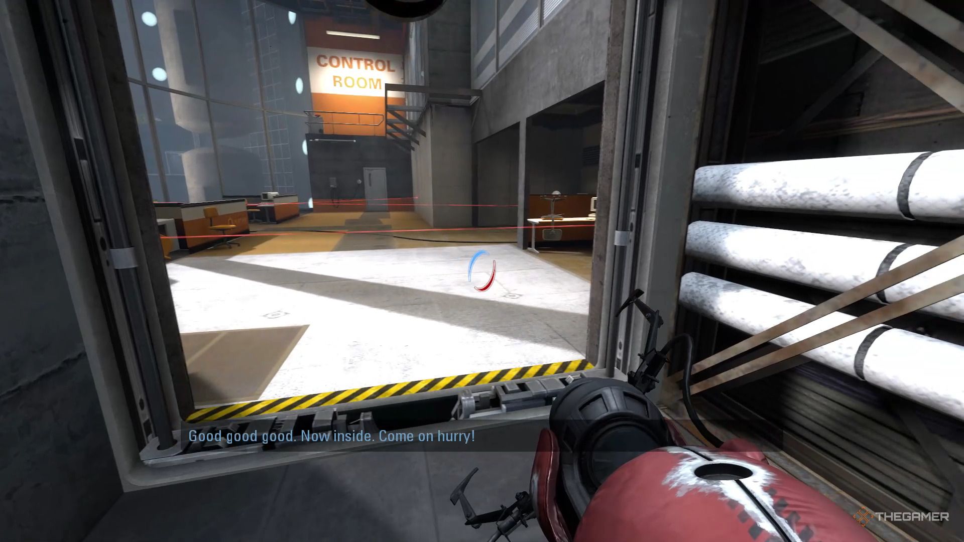 A screenshot from Portal: Revolution showing the player character aiming a red portal gun into a Control Room filled with turrets.