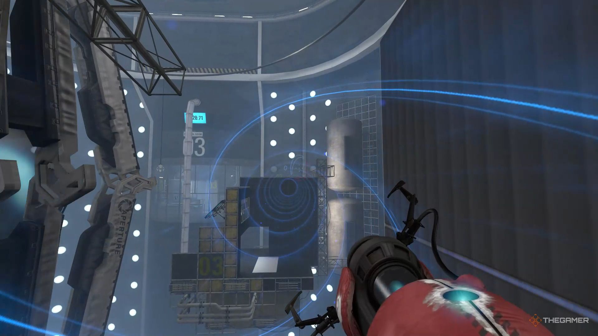 A screenshot from Portal Revolution showing the player character being taken to Platform 3 through the tractor beam