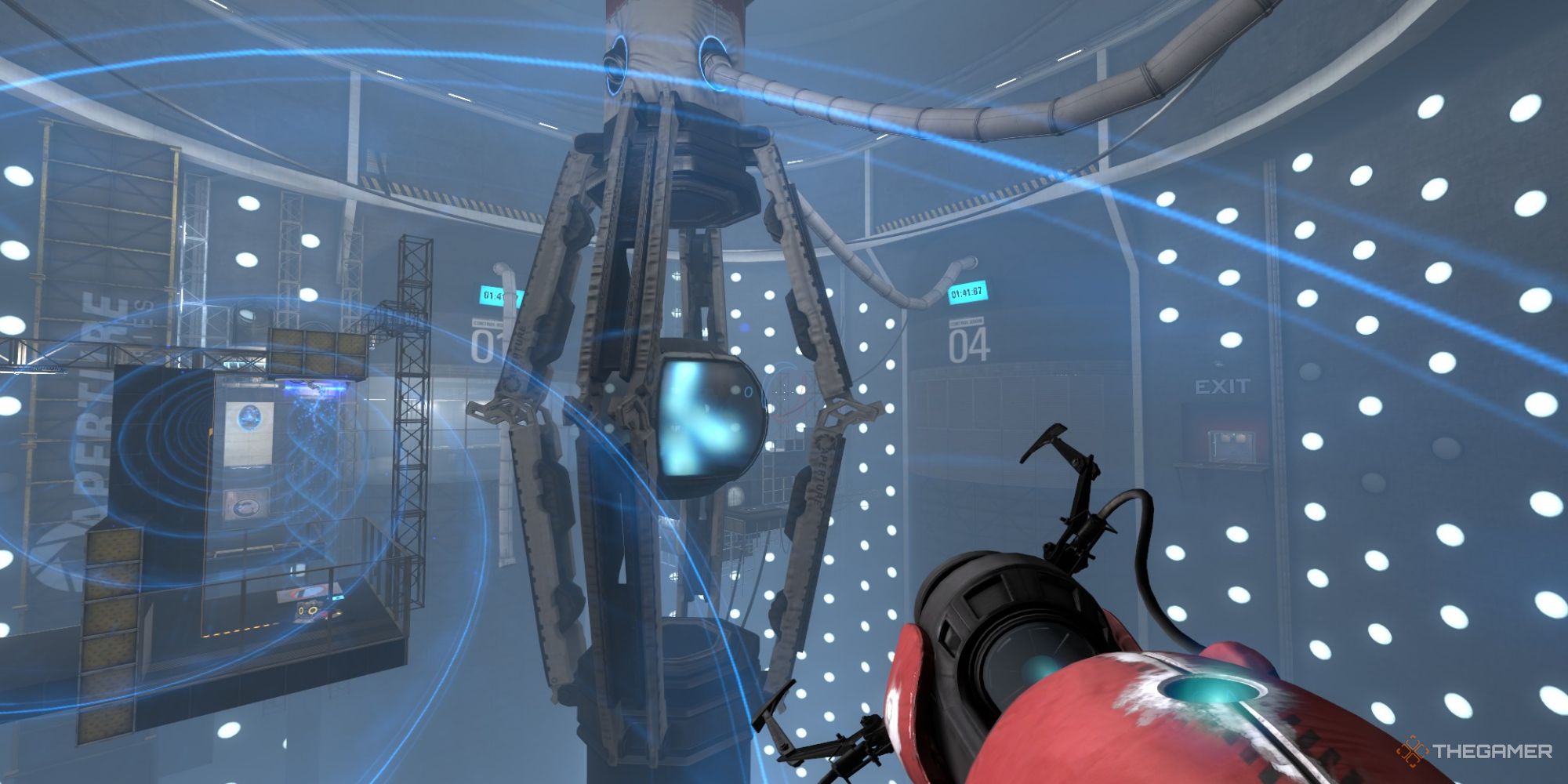 A screenshot from Portal Revolution's finale showing the player character being pushed by a tractor beam