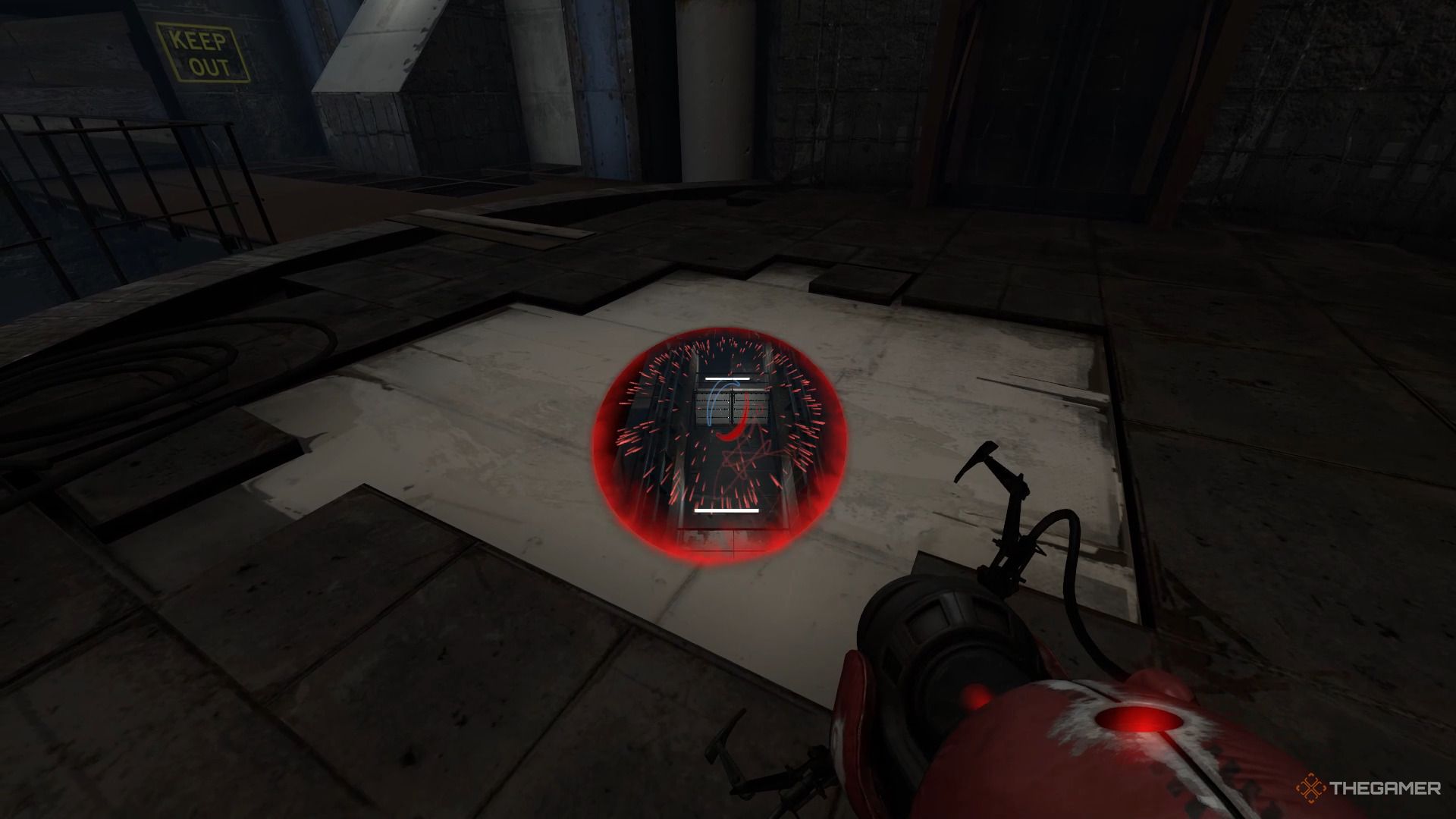 Ein Screenshot von Portal Revolution, der zeigt, wie der Spielercharakter mit der roten Portalpistole ein rotes Portal auf den Boden schießt.