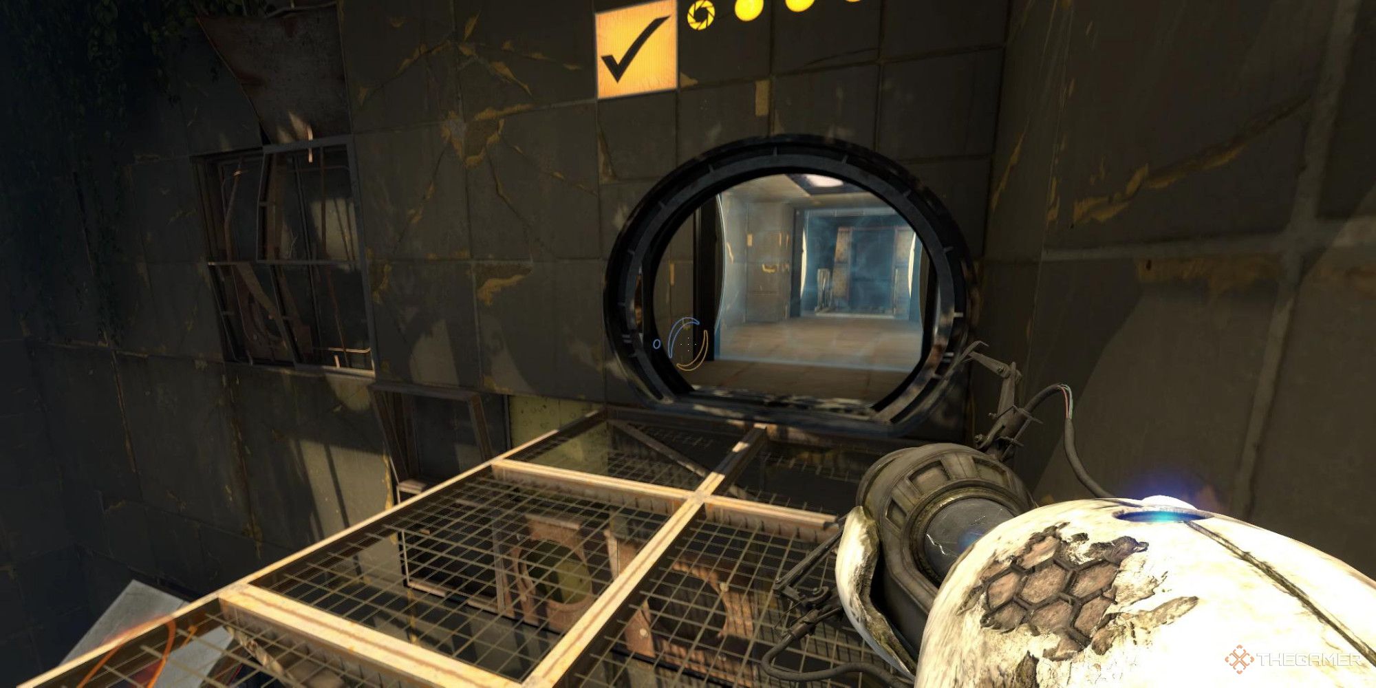 A screenshot from Portal Revolution showing the player character standing on a metal grated surface while looking towards an exit with an energy field past it.