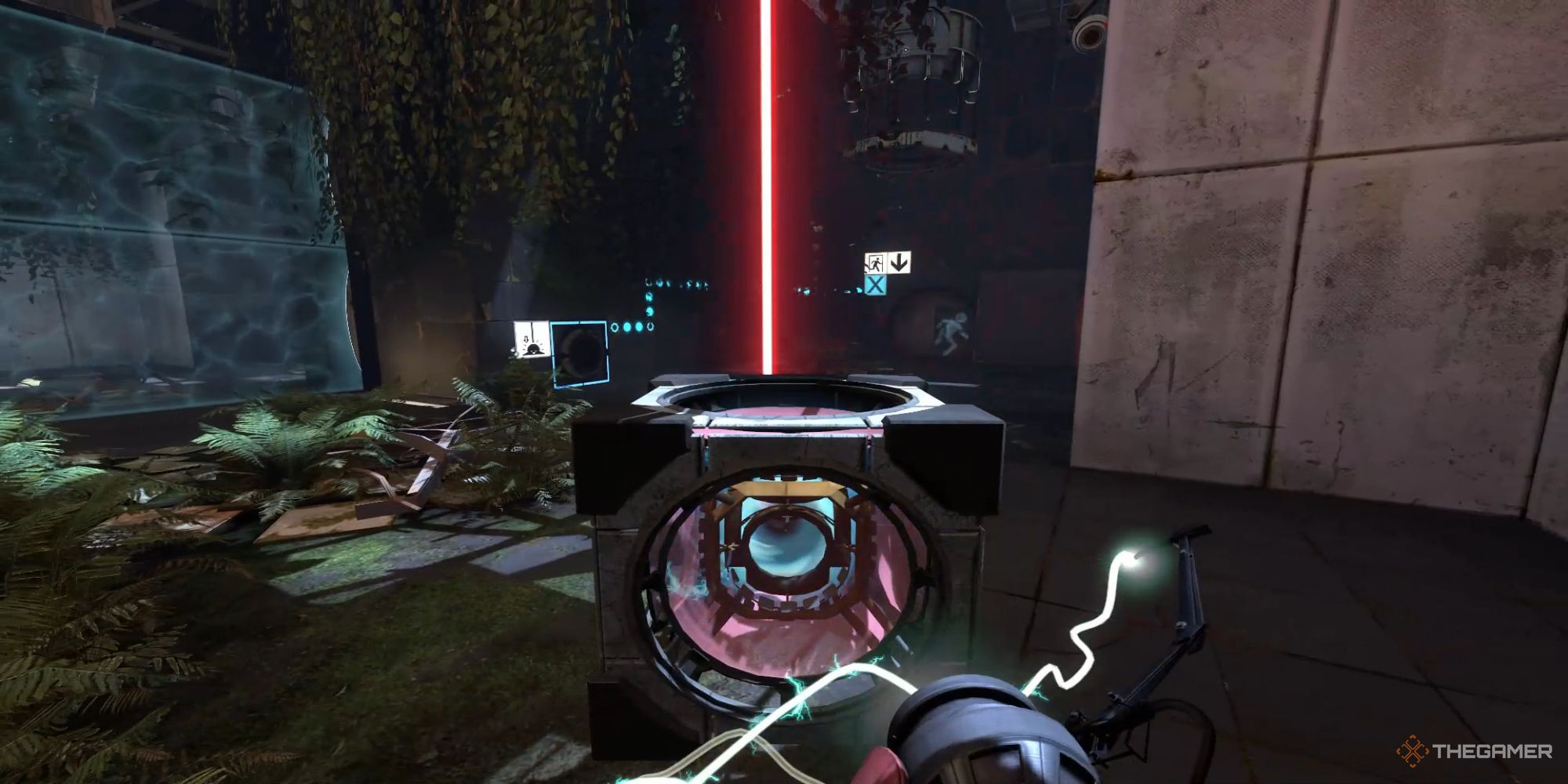 A screenshot from Portal: Revolution showing a laser powering up a Quantum Cube. 
