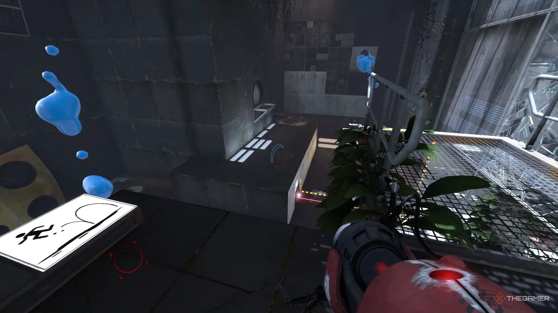 A screenshot from Portal Revolution shooting blue gel through a portal to get sucked in by a vacuum tube after launched out of the other portal.