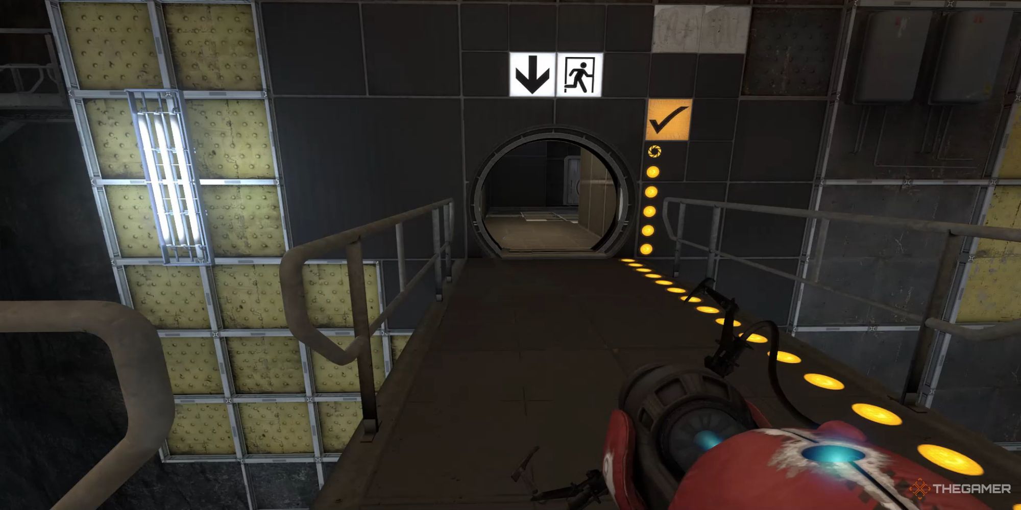 A screenshot from Portal Revolution showing the player character looking into an exit door that has been powered on