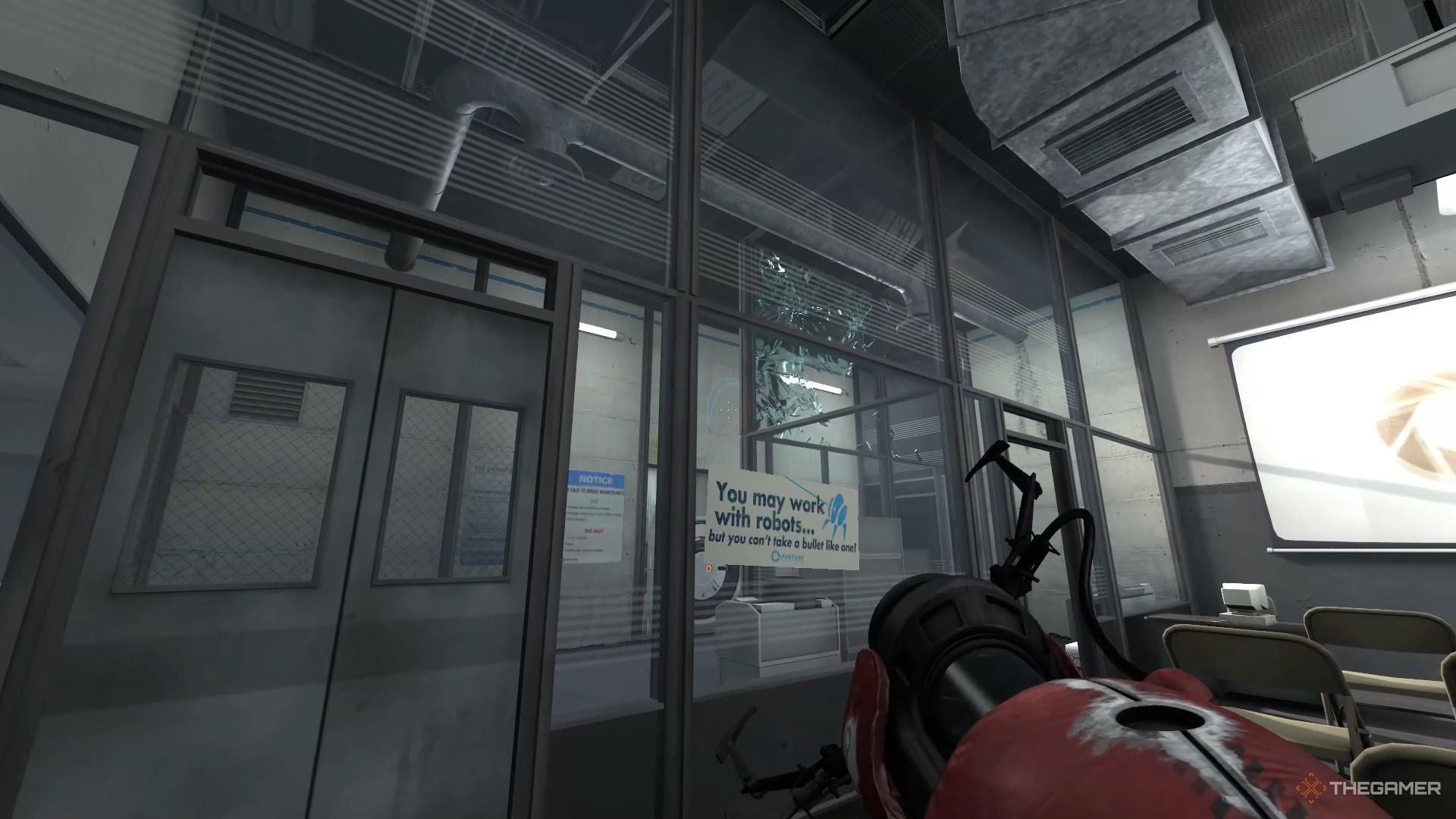 A screenshot from Portal Revolution showing the player character standing in a conference room and looking at a broken window.