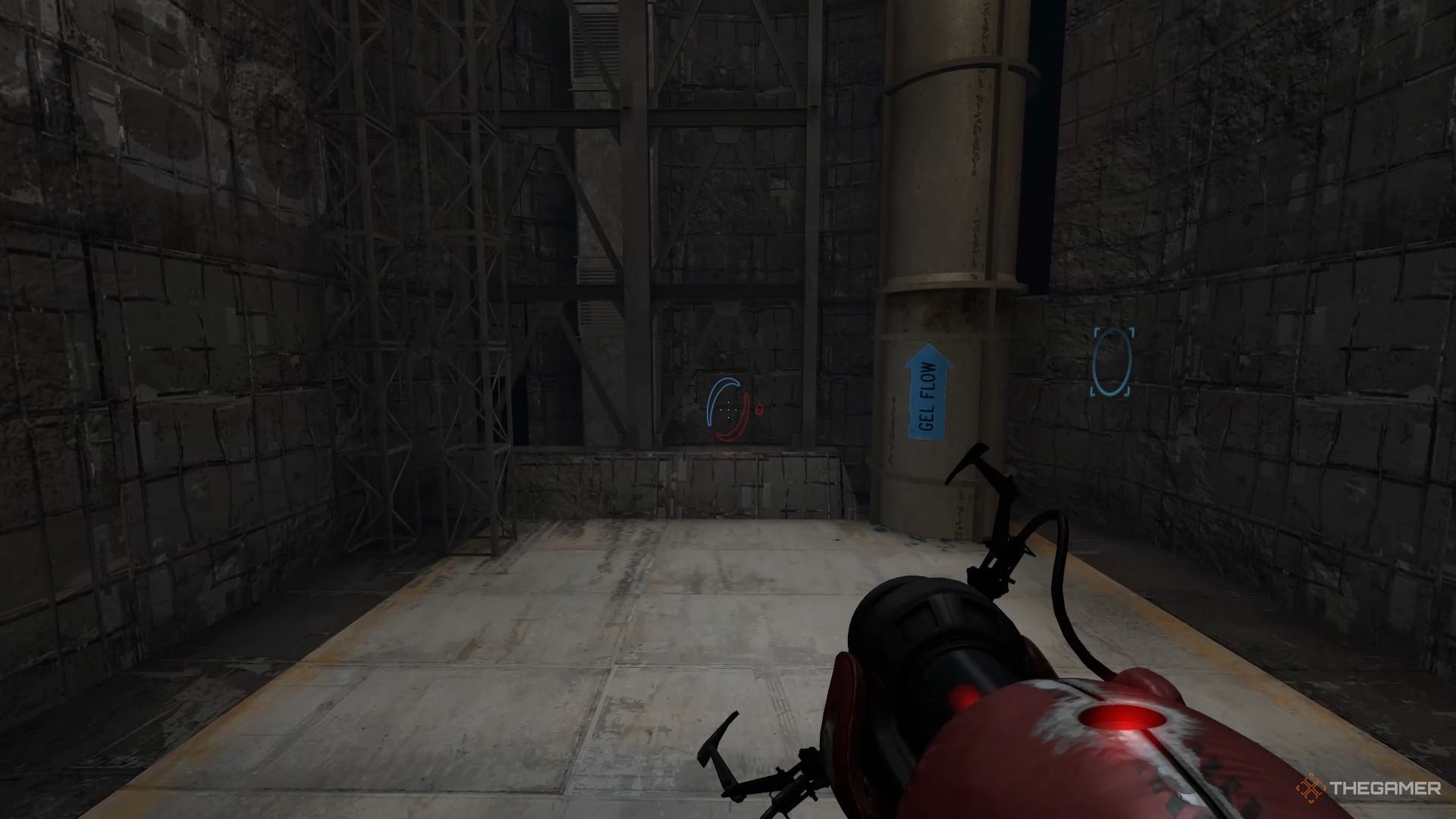 A screenshot from Portal: Revolution showing the player character standing at the bottom of the tower, with a gel flow pipe and a white floor in front of them.