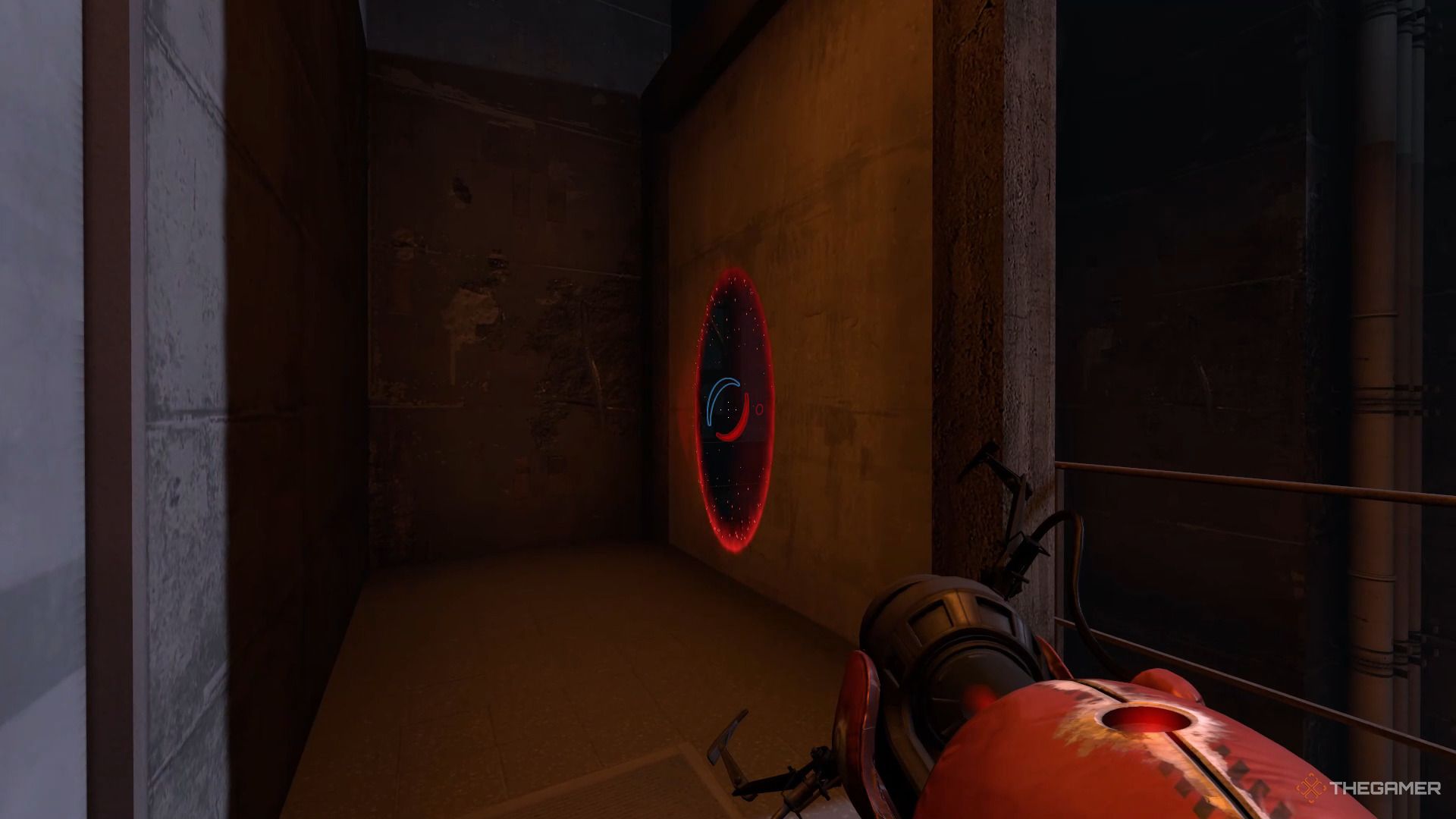 A screenshot from Portal: Revolution showing the player character with a red portal gun aiming through a red portal on the wall in front of them
