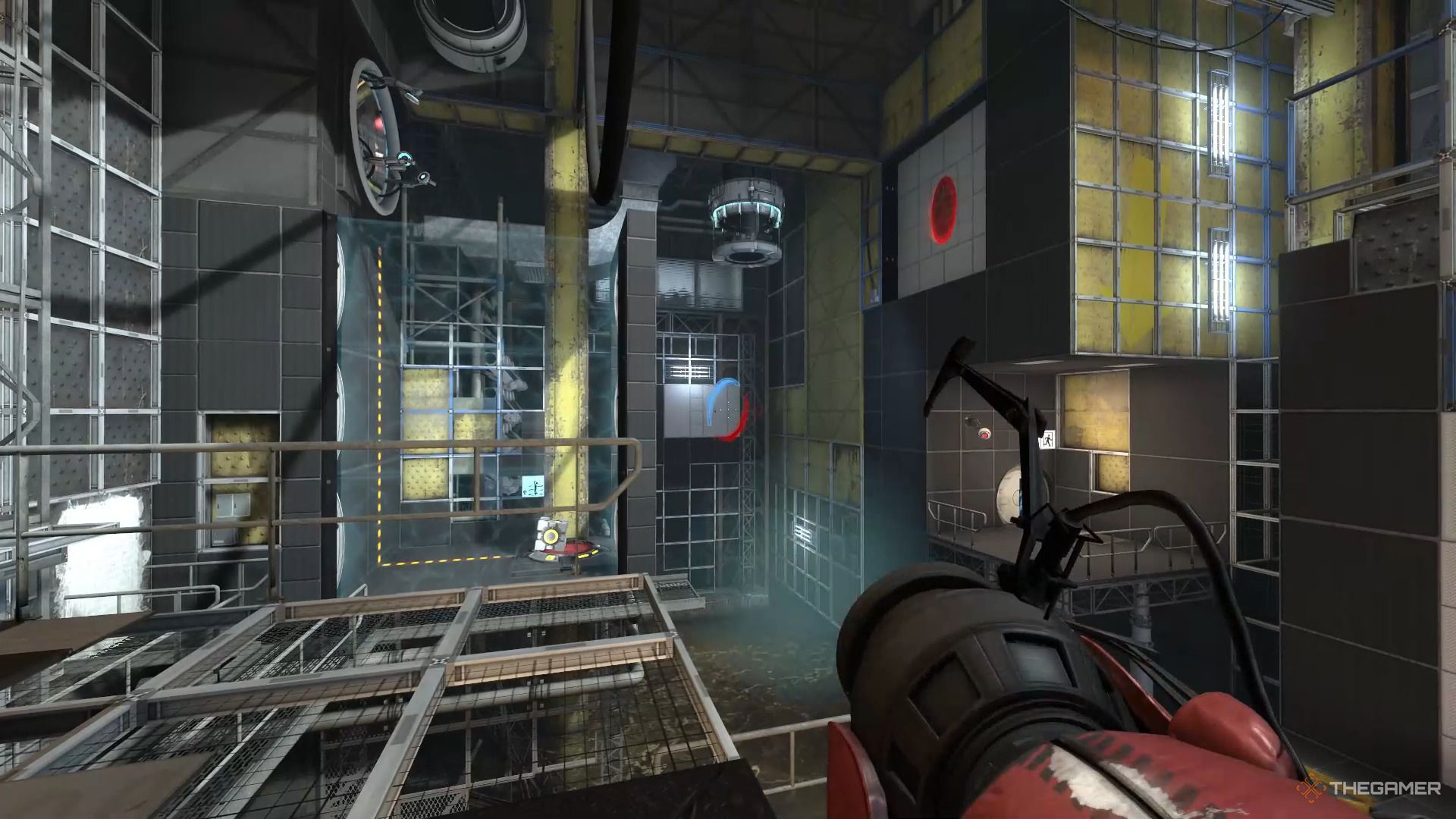 A screenshot from Portal Revolution showing the player character looking in a test cham ber towards a red portal opposite of a tractor beam