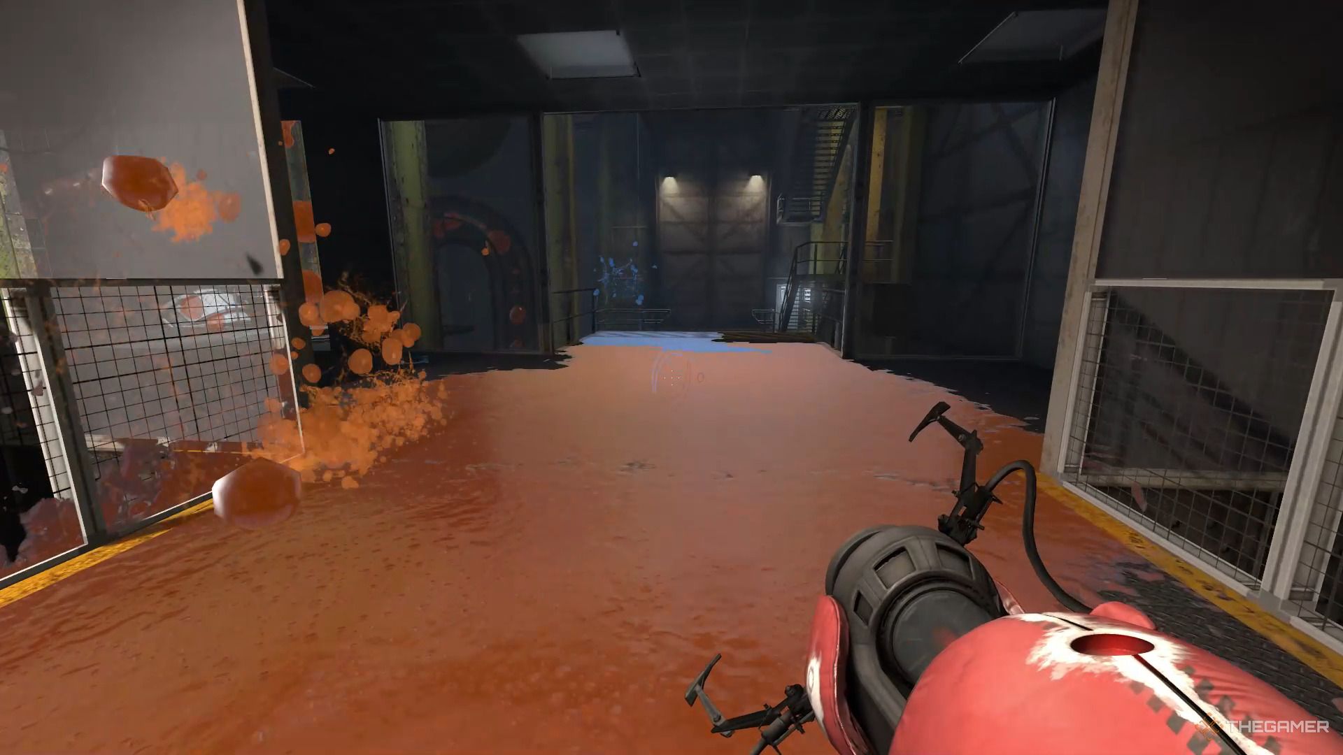 A screenshot from Portal: Revolution showing teh player character looking down a runway of orange gel that ends in blue gel ahead of a gap.