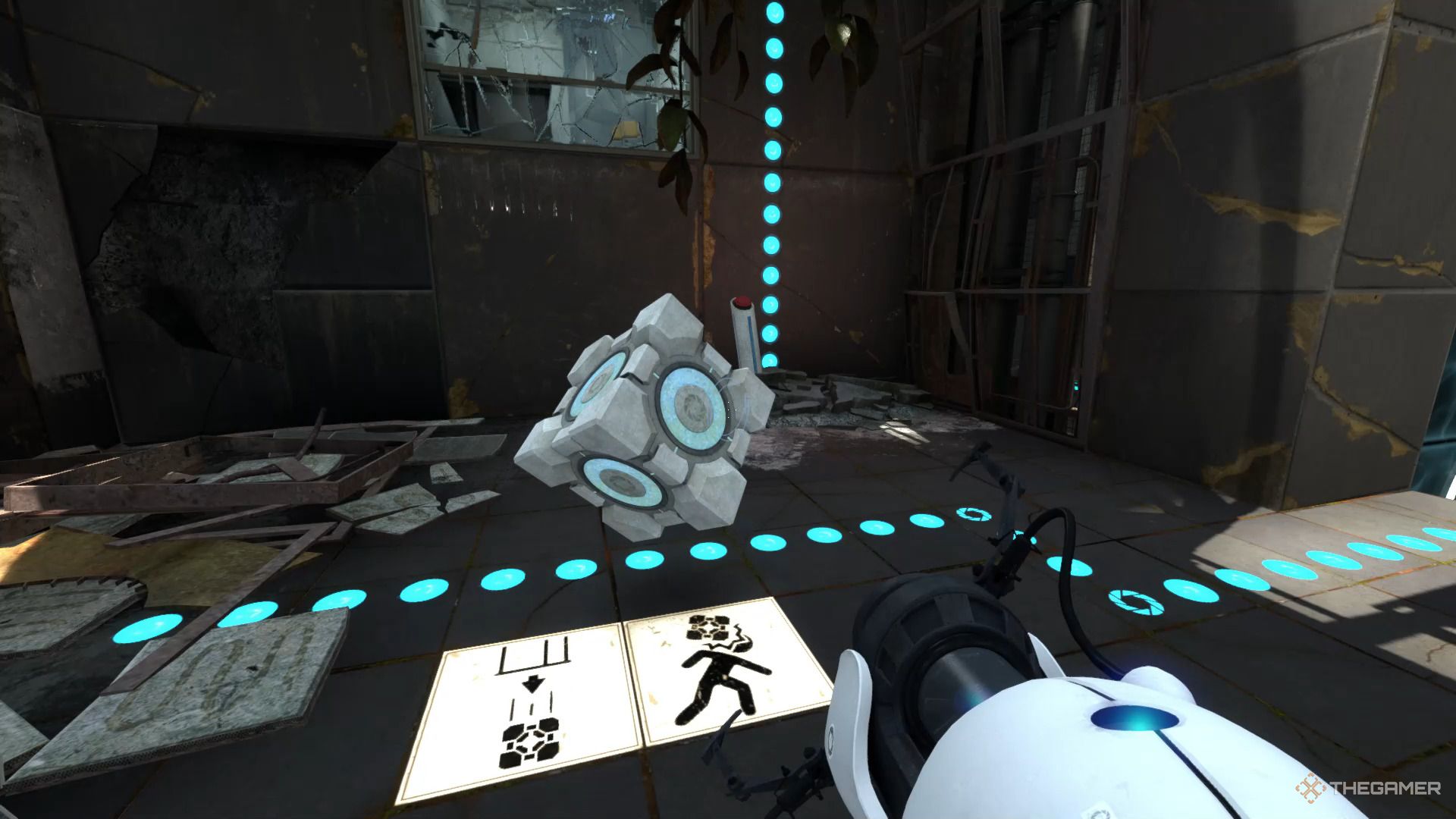 Ein Screenshot von Portal Revolution, der zeigt, wie ein Würfel landet, nachdem er aus einem Spender gefallen ist