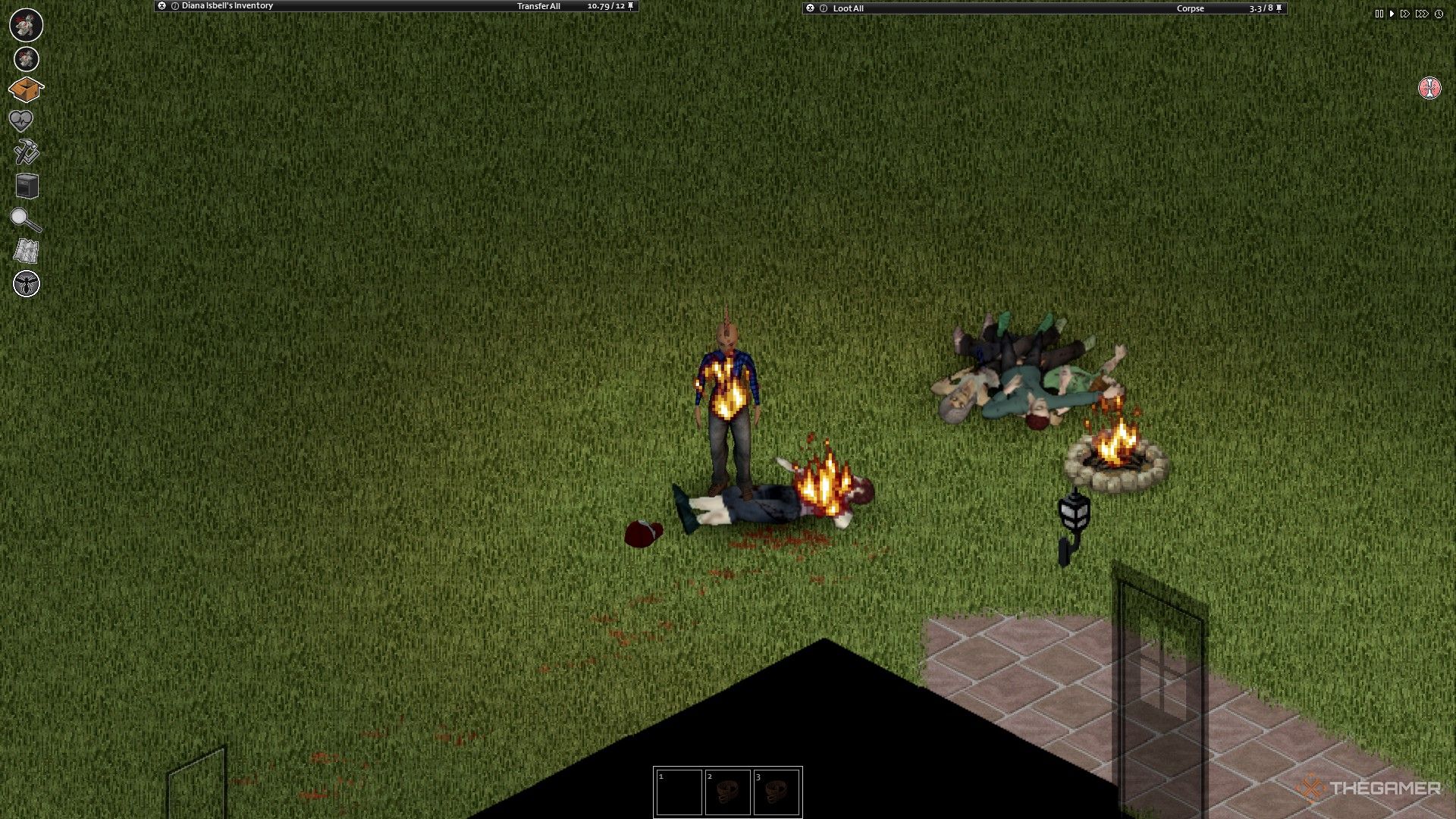 Ein Screenshot von Project Zomboid, der ein Lagerfeuer und einen Haufen Zombies daneben zeigt, wobei der brennende Spielercharakter neben einem toten Zombie steht, der ebenfalls brennt