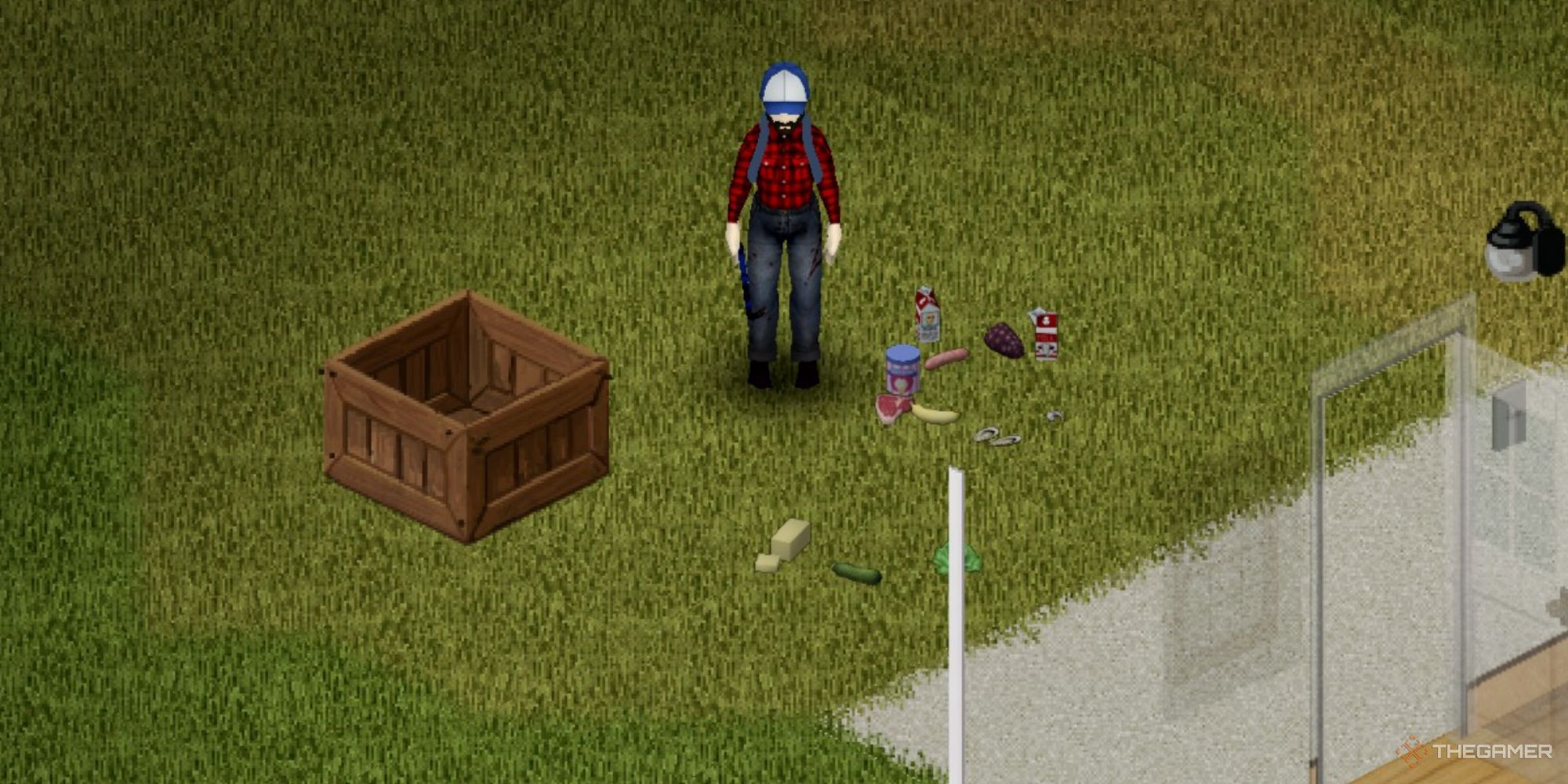 A screenshot from Project Zomboid showing a compost bin with different foods next to it like butter, milk, ice cream, sausage, other meats, and more. There's also a player in jeans and a red plaid shirt.