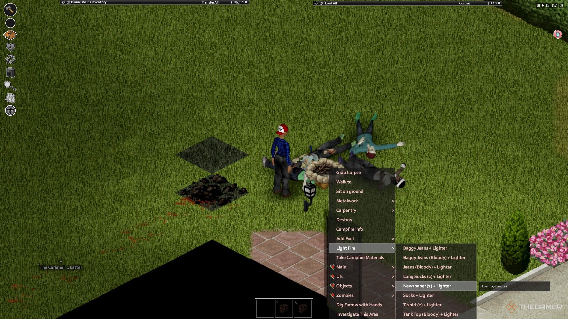 Ein Screenshot von Project Zomboid, der den Spielercharakter zeigt, der neben vier Leichen am Lagerfeuer steht, mit geöffnetem Menü und 